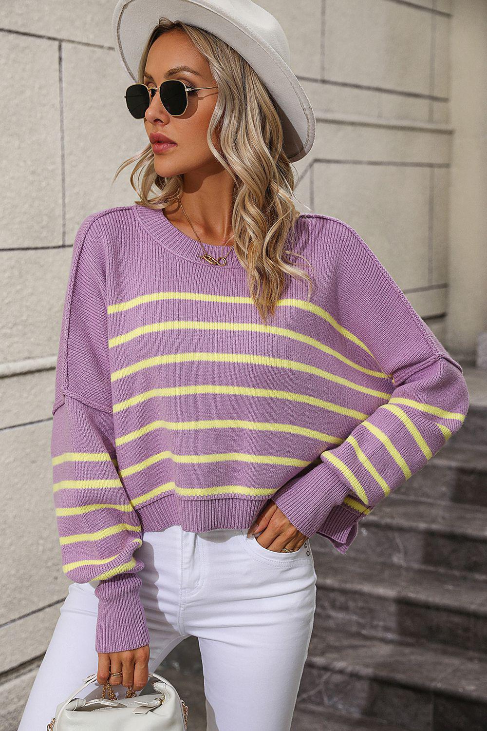 Striped Dropped Shoulder Round Neck Pullover Sweater BLUE ZONE PLANET