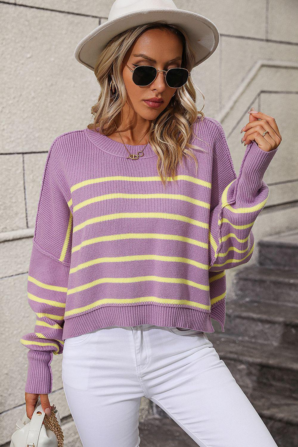 Striped Dropped Shoulder Round Neck Pullover Sweater BLUE ZONE PLANET