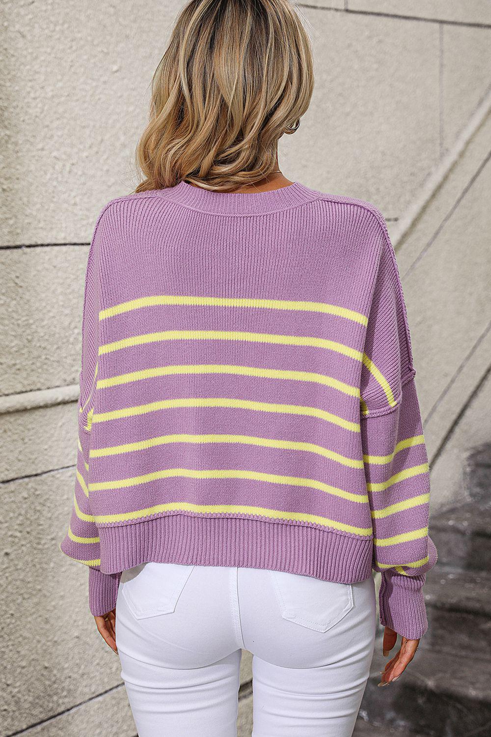 Striped Dropped Shoulder Round Neck Pullover Sweater BLUE ZONE PLANET