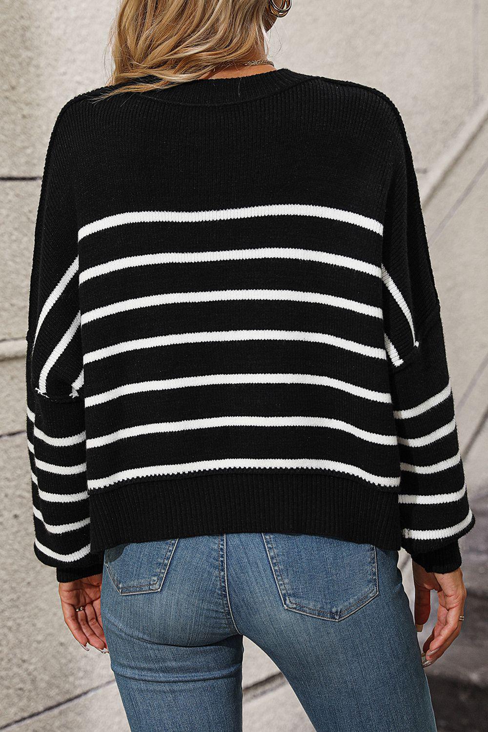 Striped Dropped Shoulder Round Neck Pullover Sweater BLUE ZONE PLANET