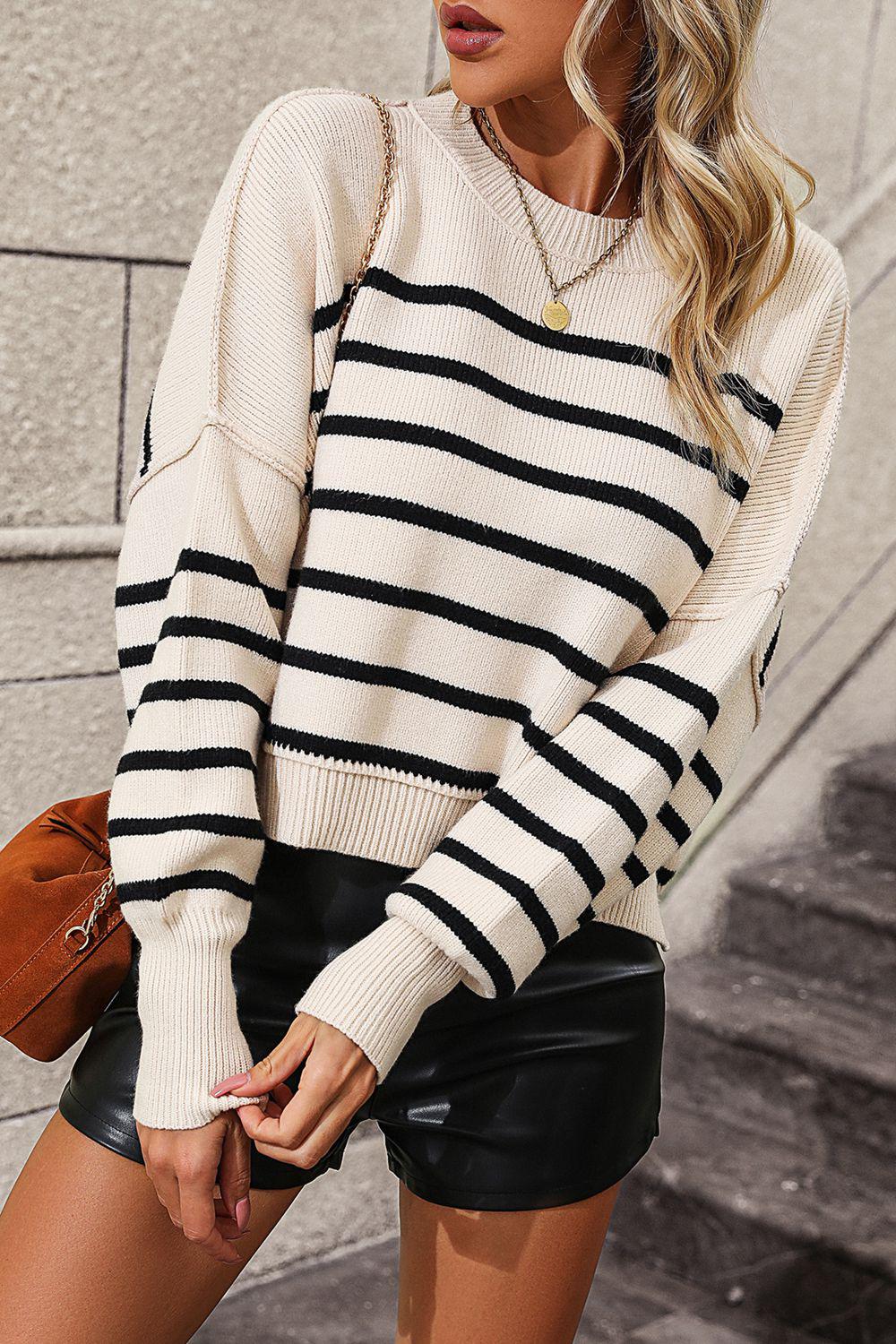 Striped Dropped Shoulder Round Neck Pullover Sweater BLUE ZONE PLANET
