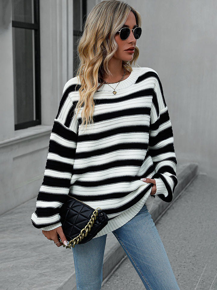Striped Dropped Shoulder Sweater BLUE ZONE PLANET