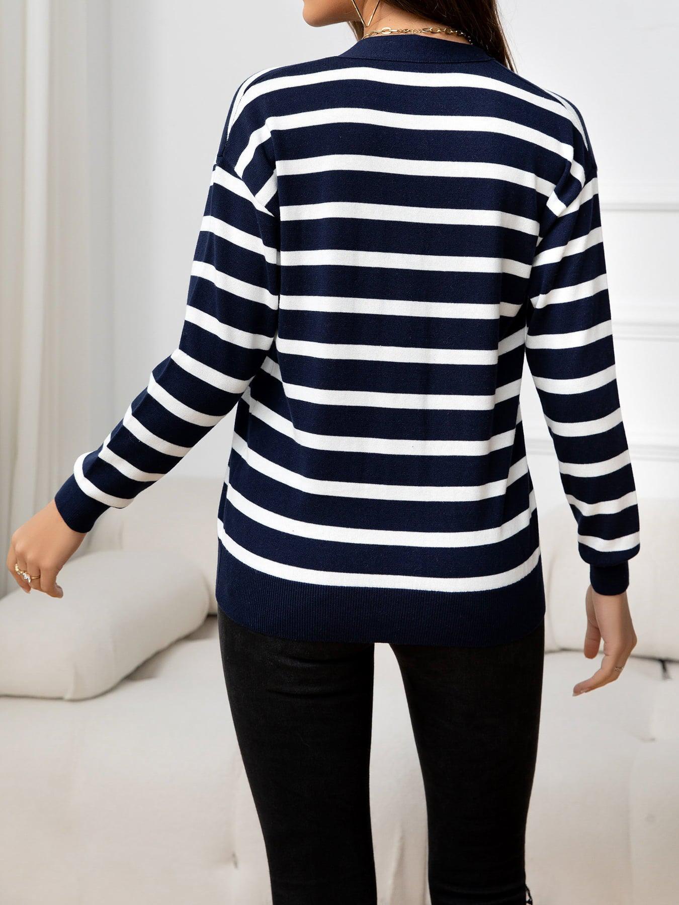 Striped Dropped Shoulder V-Neck Knit Top BLUE ZONE PLANET