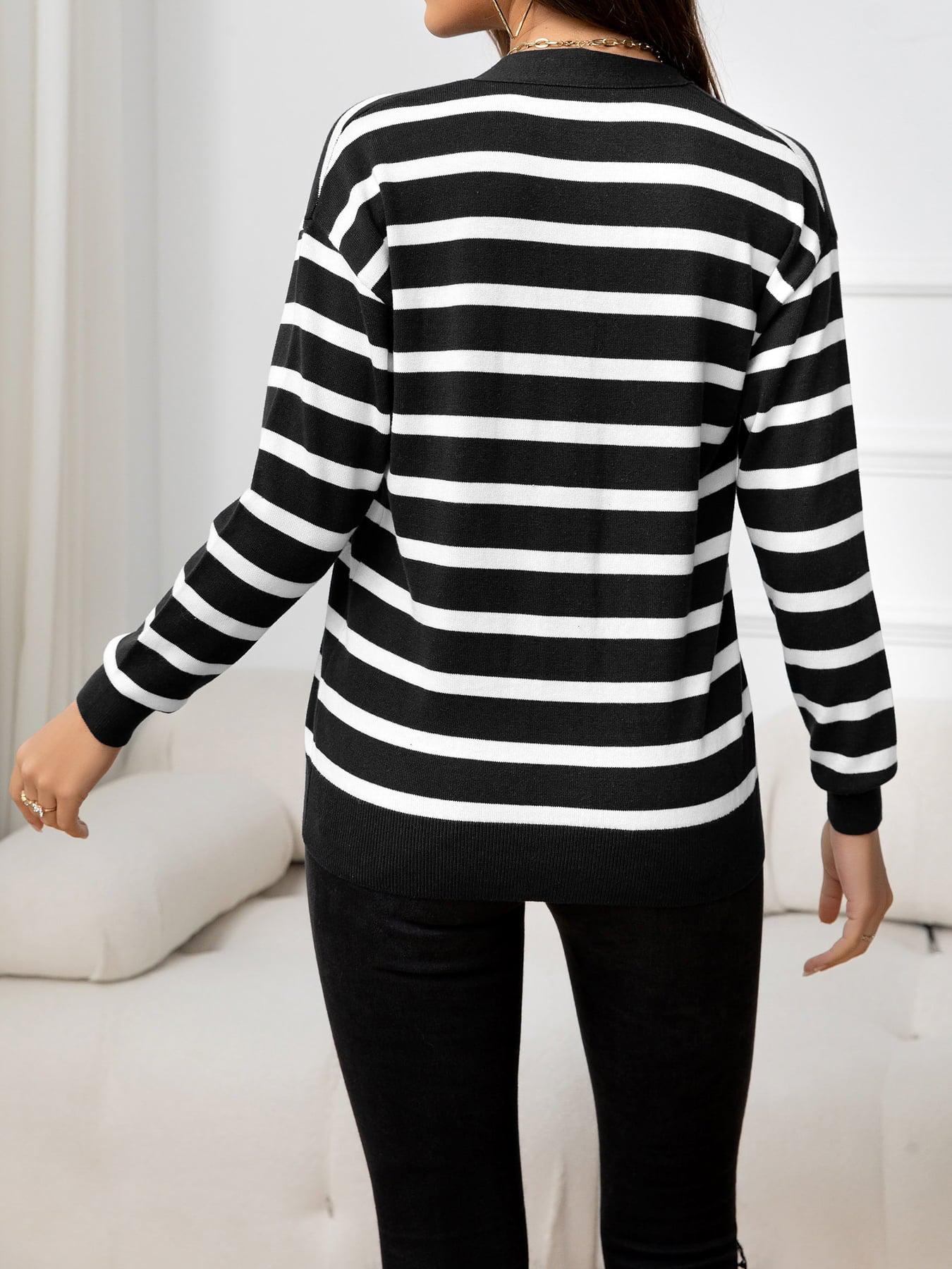 Striped Dropped Shoulder V-Neck Knit Top BLUE ZONE PLANET