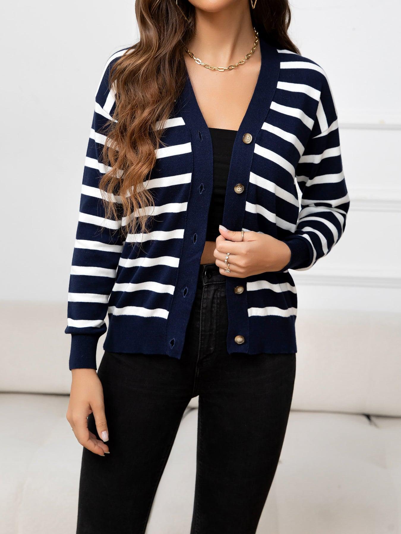 Striped Dropped Shoulder V-Neck Knit Top BLUE ZONE PLANET