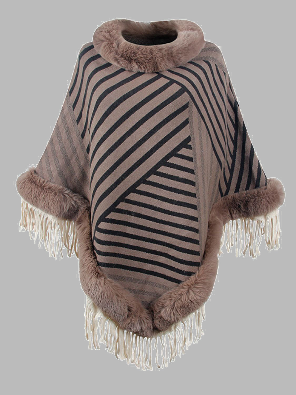 Striped Fringe Hem Poncho BLUE ZONE PLANET