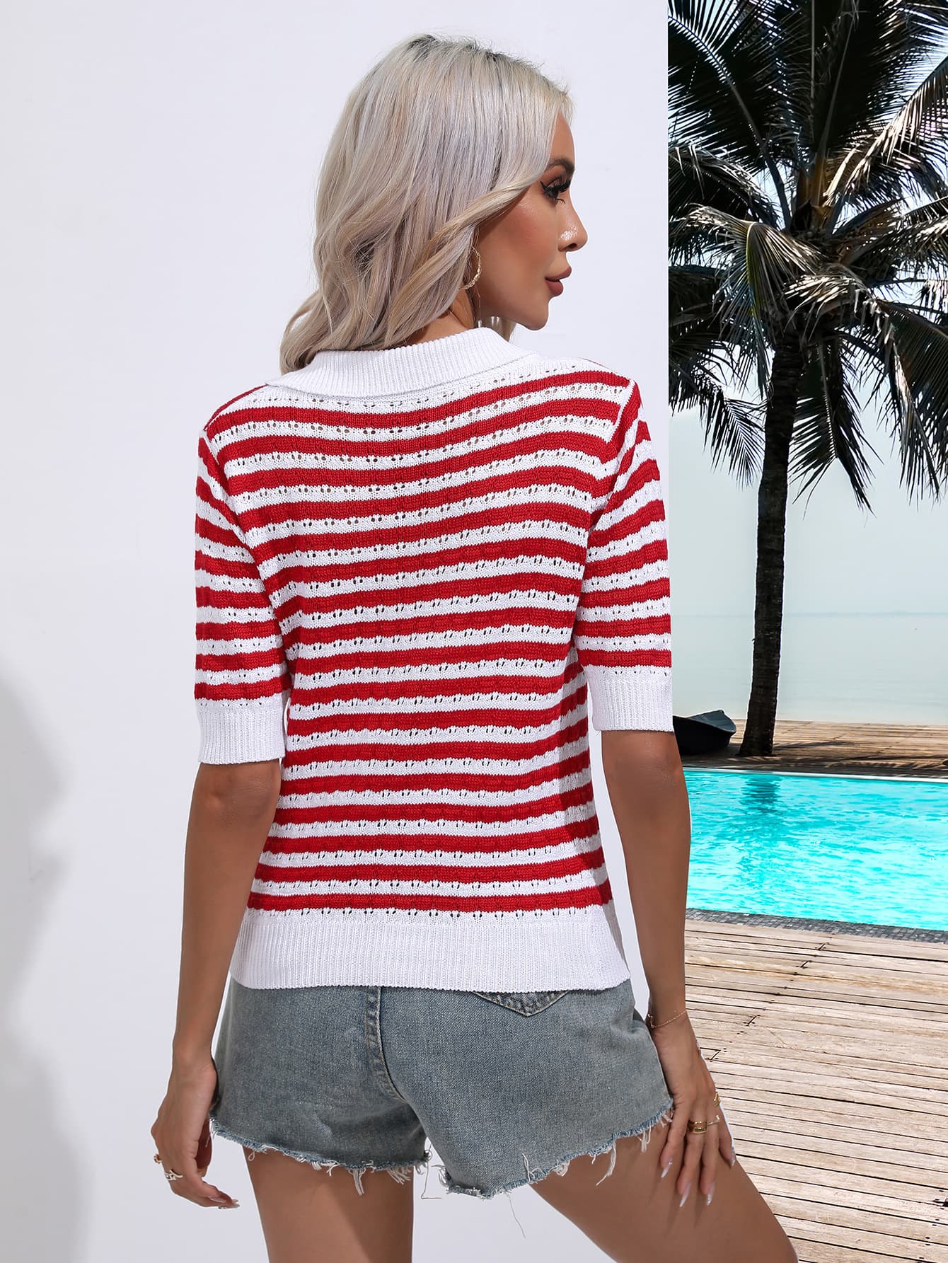 Striped Johnny Collar Half Sleeve Knit Top BLUE ZONE PLANET