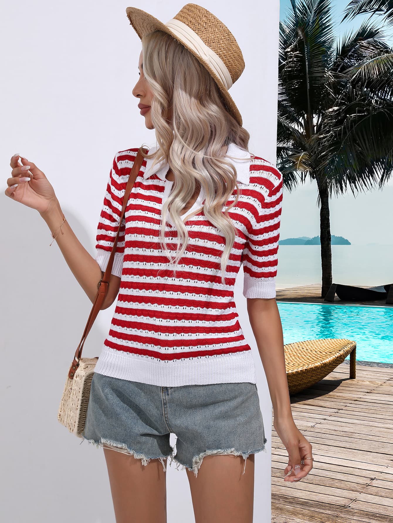 Striped Johnny Collar Half Sleeve Knit Top BLUE ZONE PLANET
