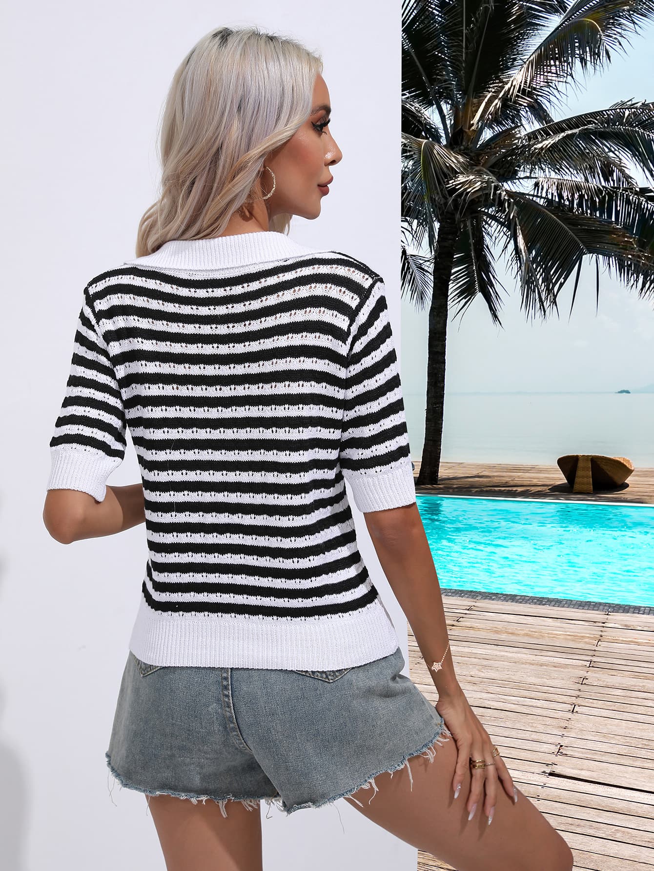 Striped Johnny Collar Half Sleeve Knit Top BLUE ZONE PLANET
