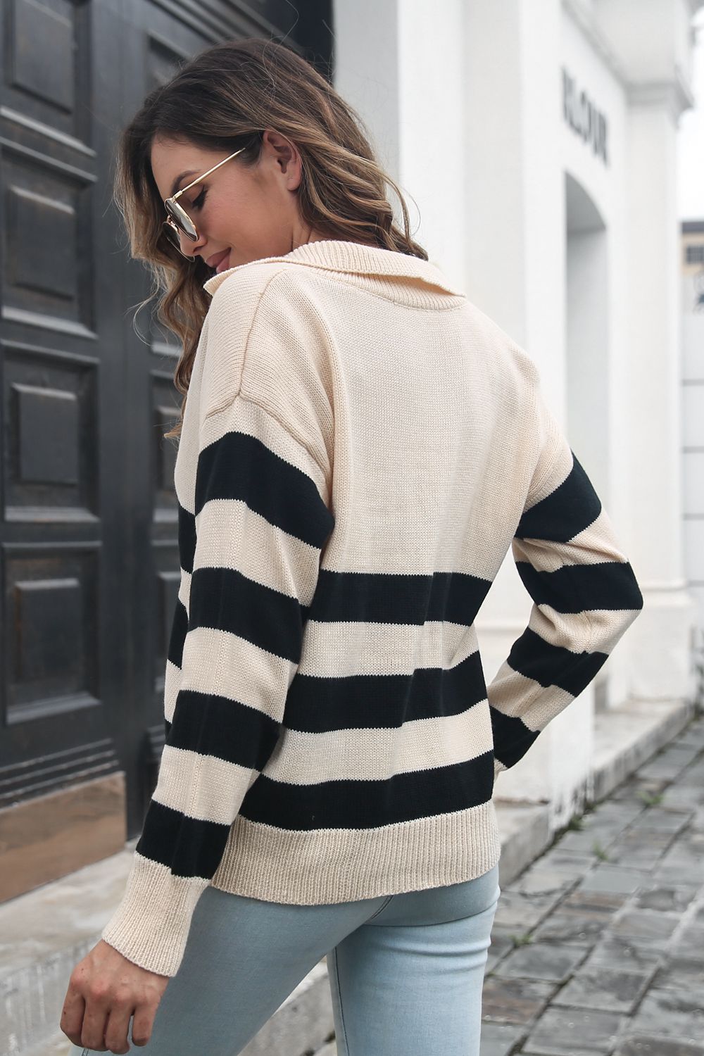 Striped Johnny Collar Sweater BLUE ZONE PLANET