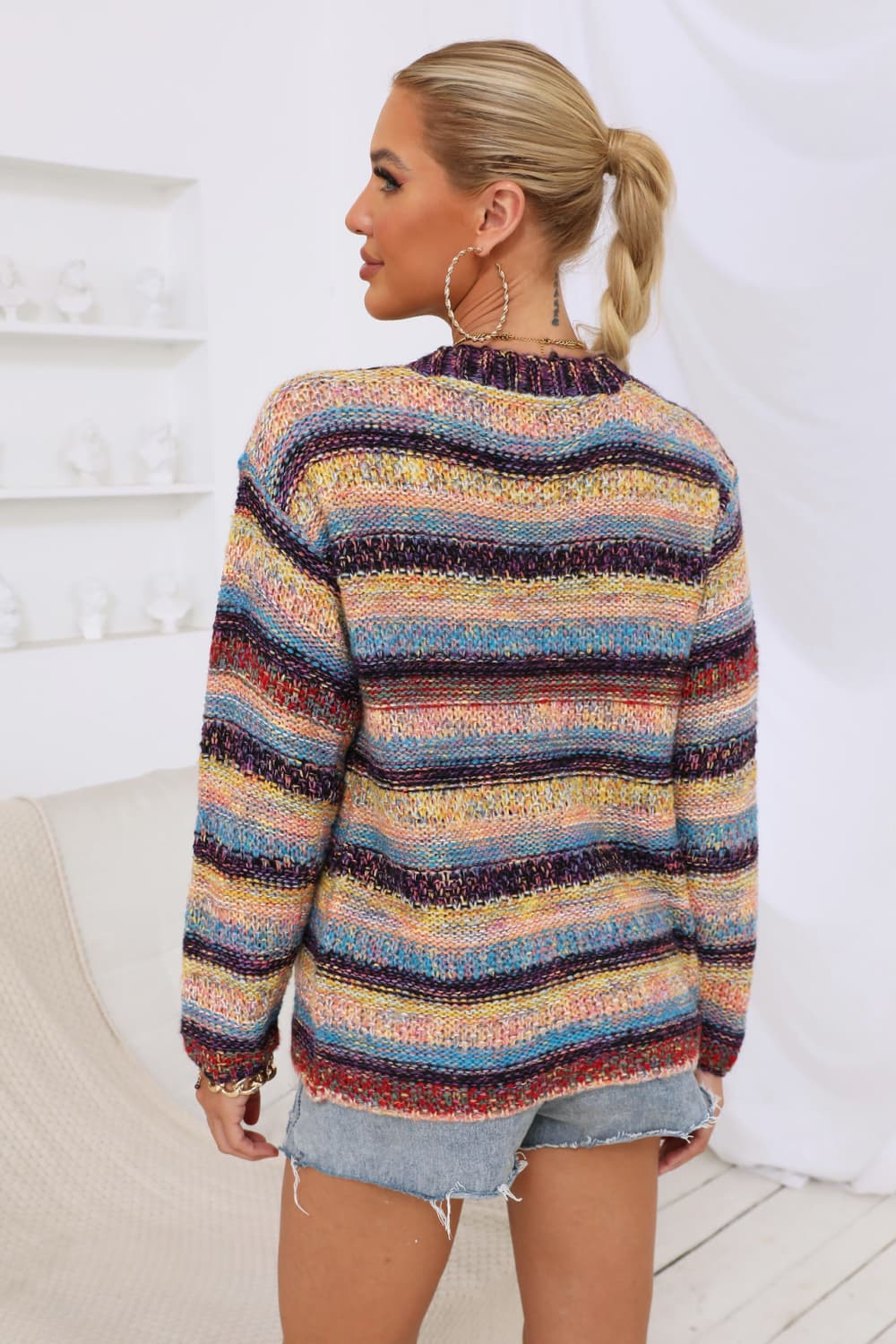 Striped Long Sleeve Open Front Cardigan BLUE ZONE PLANET