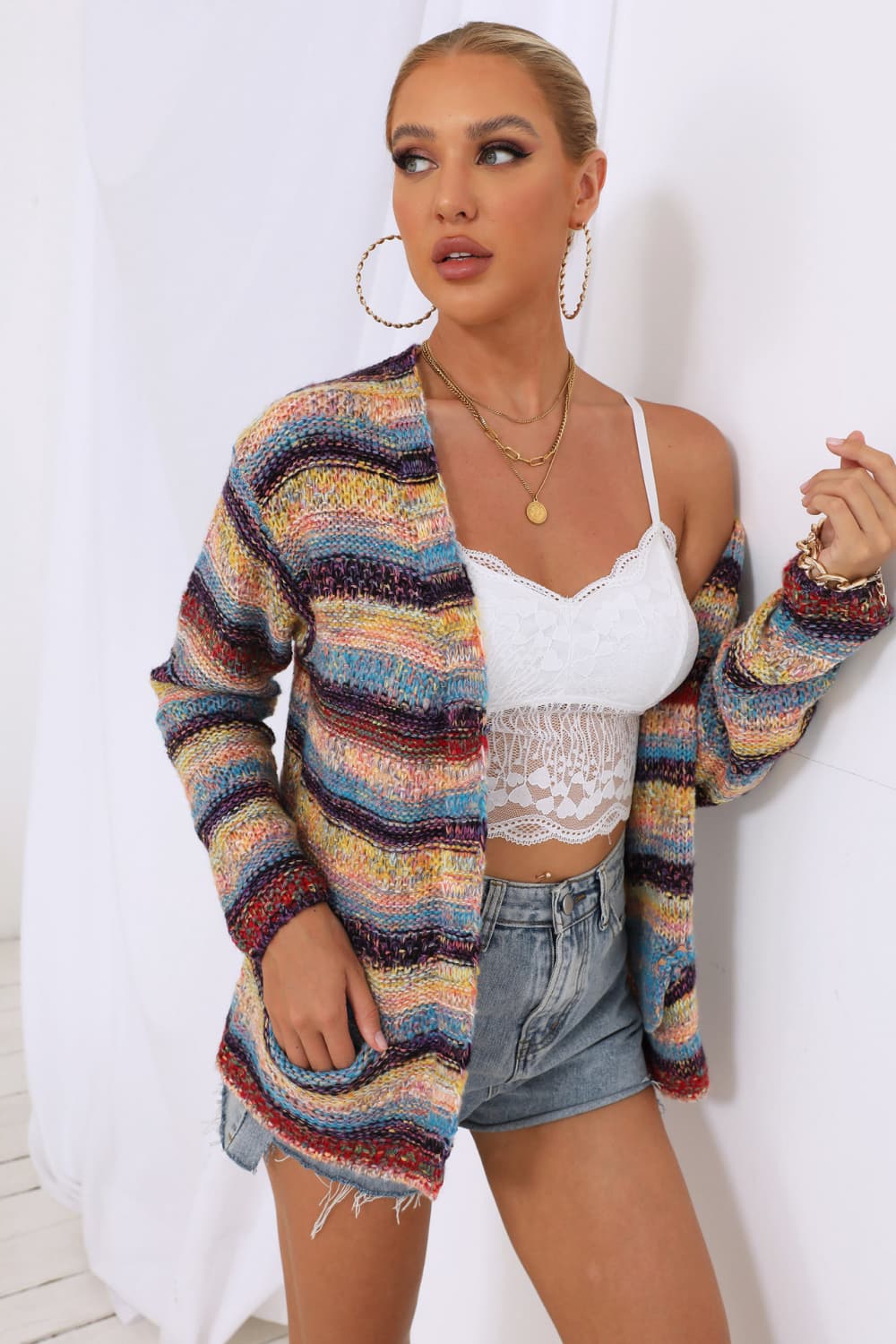 Striped Long Sleeve Open Front Cardigan BLUE ZONE PLANET