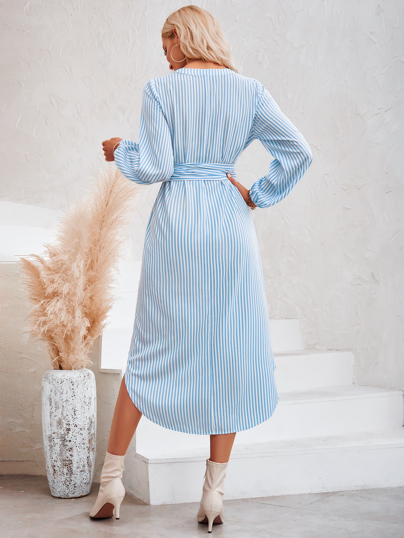 Striped Notched Neck Curved Hem Long Sleeve Dress BLUE ZONE PLANET
