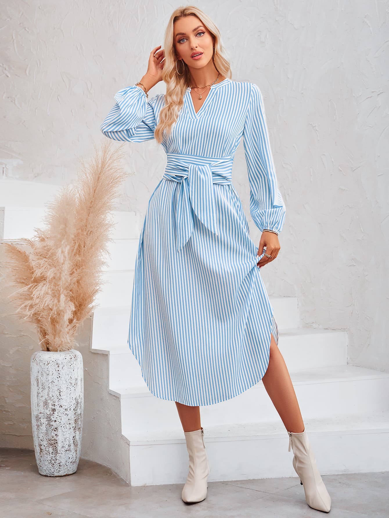 Striped Notched Neck Curved Hem Long Sleeve Dress BLUE ZONE PLANET