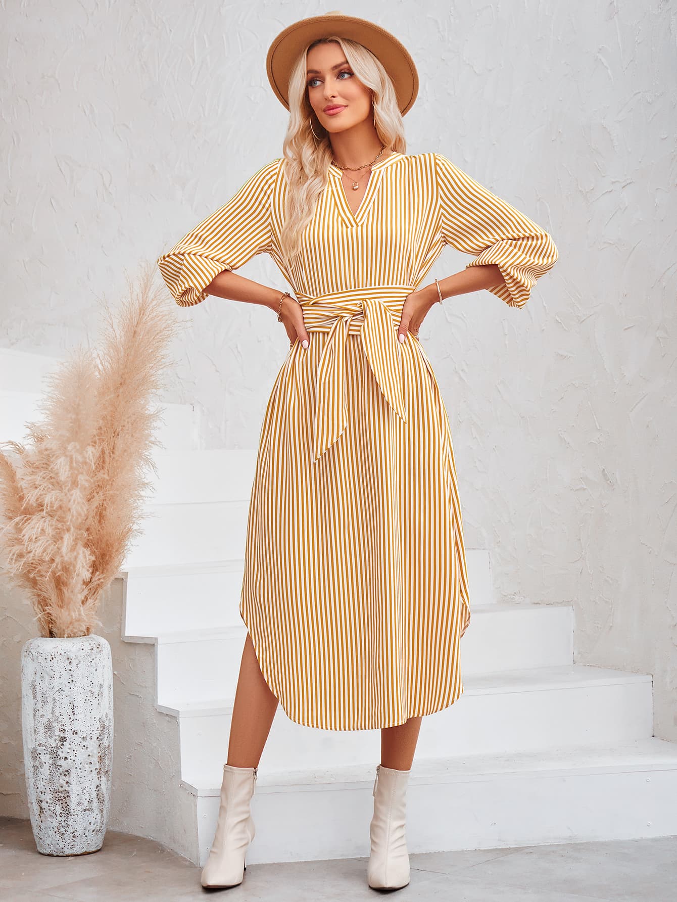 Striped Notched Neck Curved Hem Long Sleeve Dress BLUE ZONE PLANET