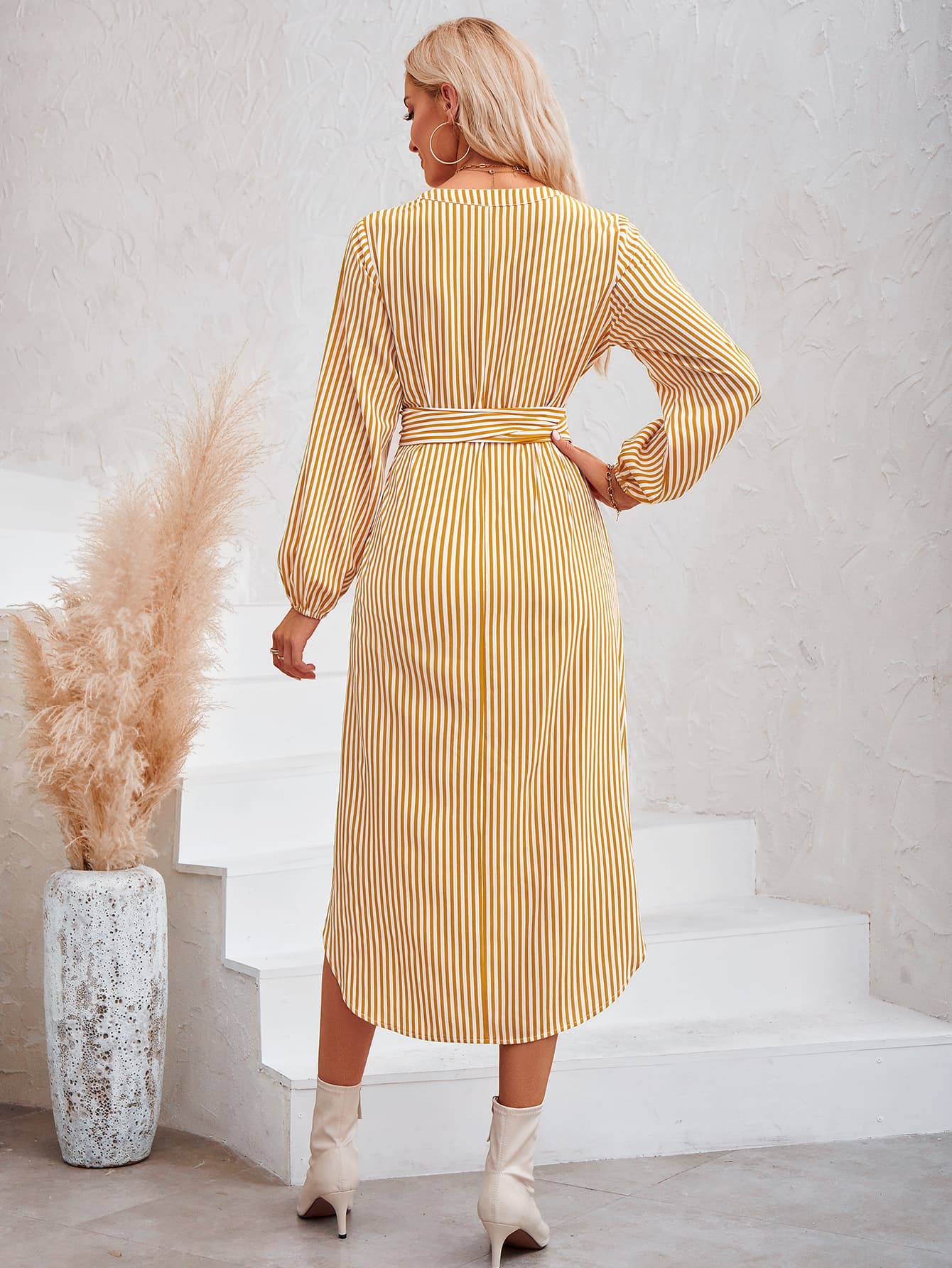 Striped Notched Neck Curved Hem Long Sleeve Dress BLUE ZONE PLANET