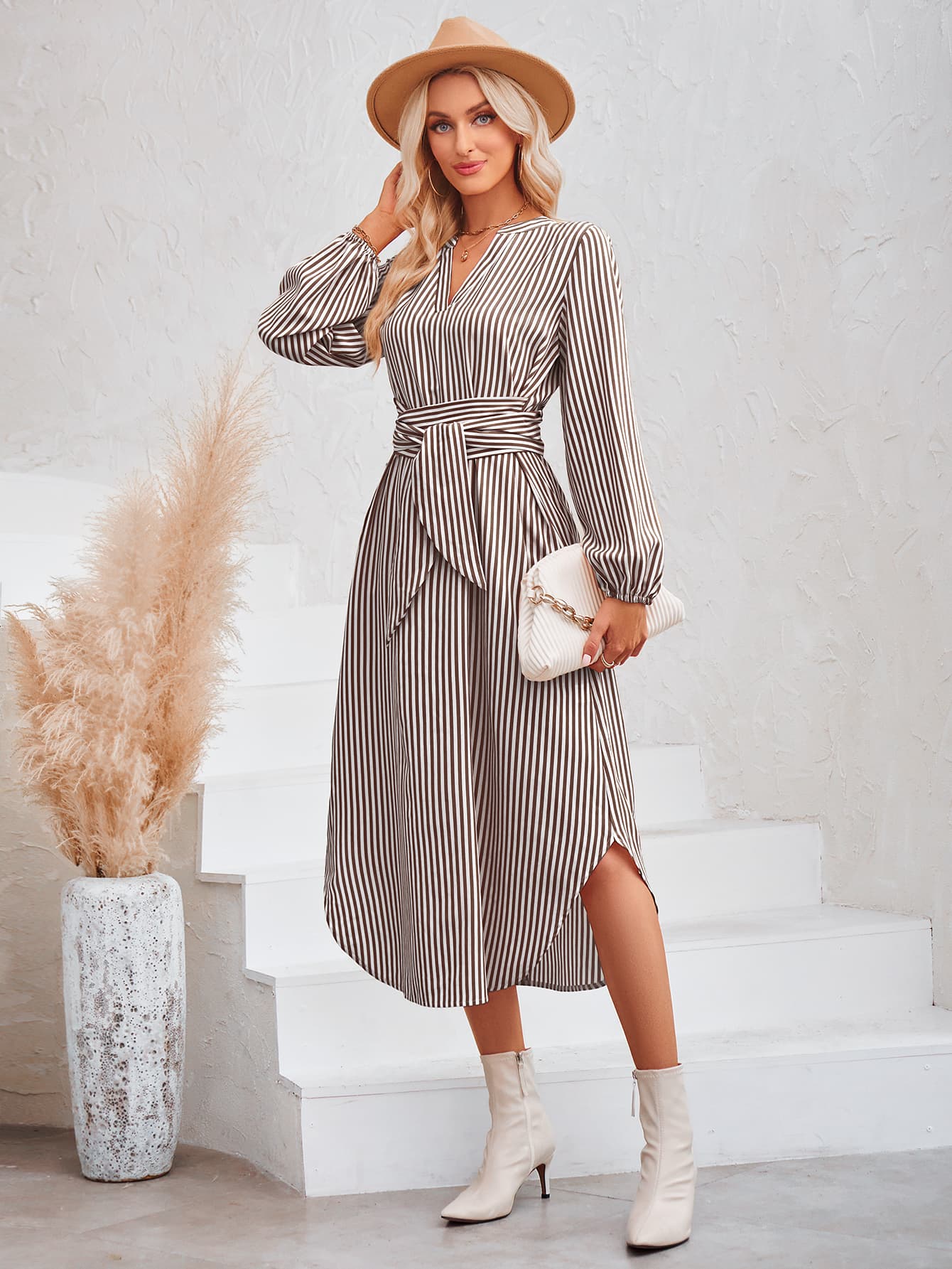 Striped Notched Neck Curved Hem Long Sleeve Dress BLUE ZONE PLANET
