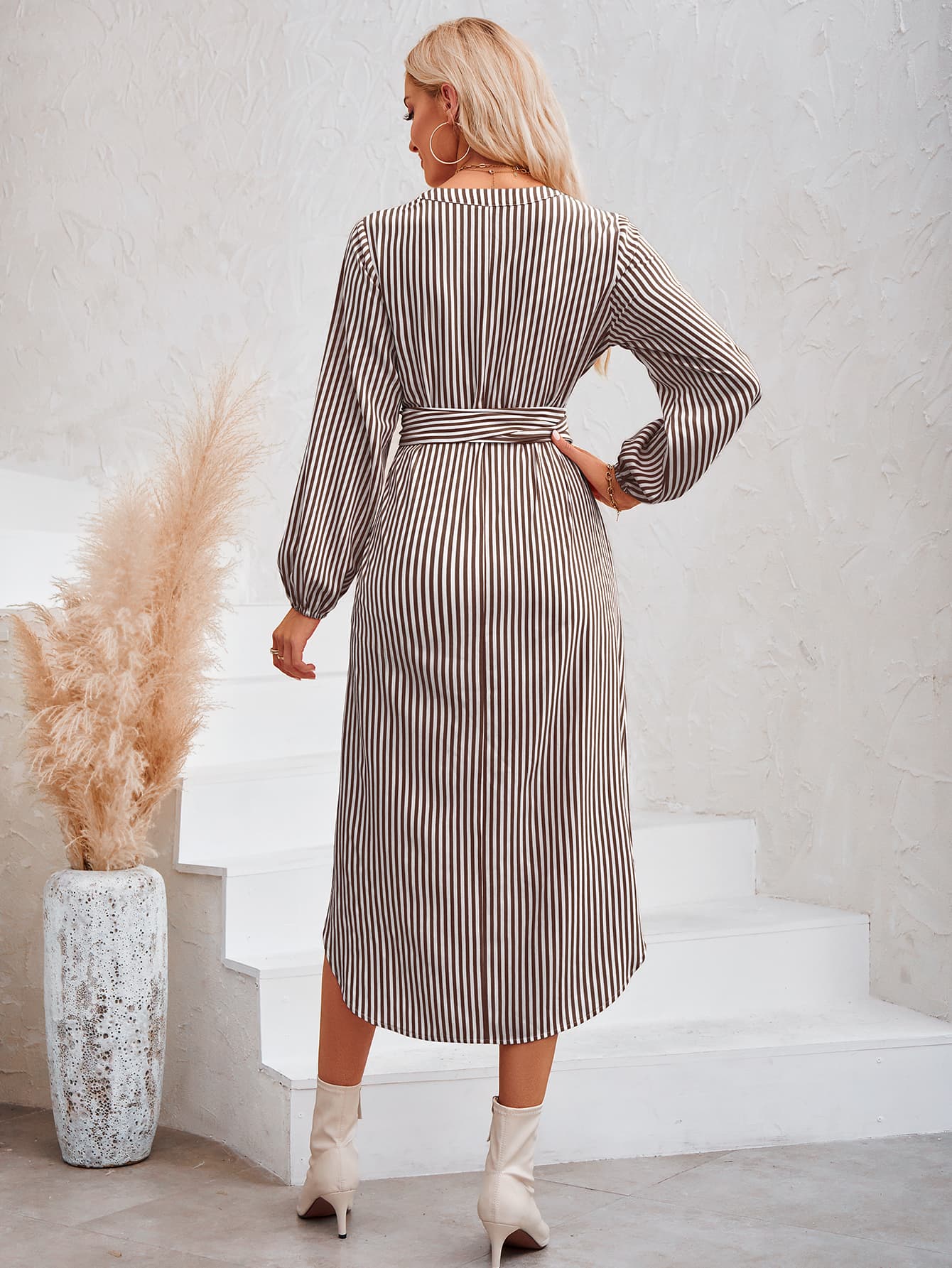 Striped Notched Neck Curved Hem Long Sleeve Dress BLUE ZONE PLANET