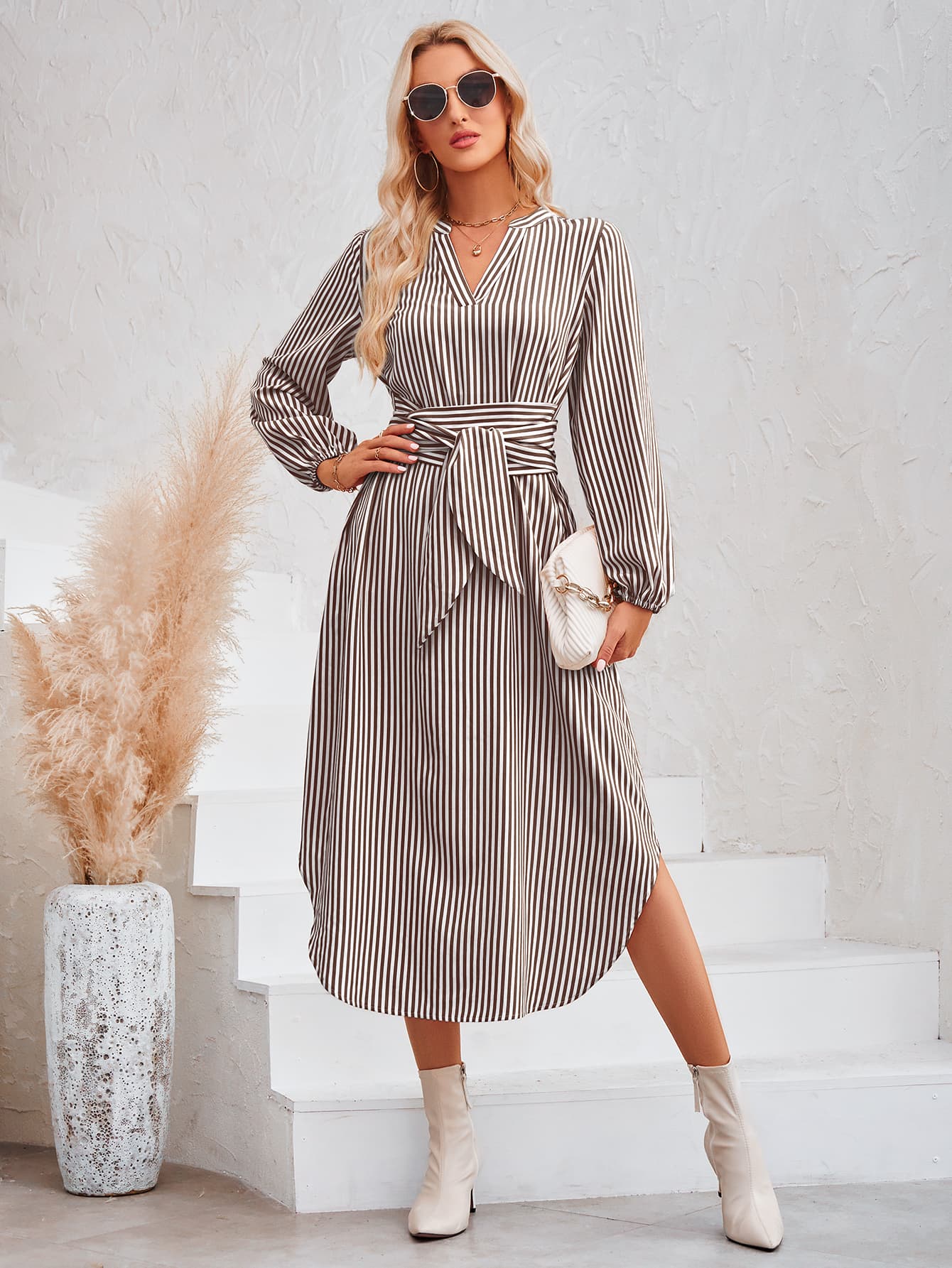 Striped Notched Neck Curved Hem Long Sleeve Dress BLUE ZONE PLANET