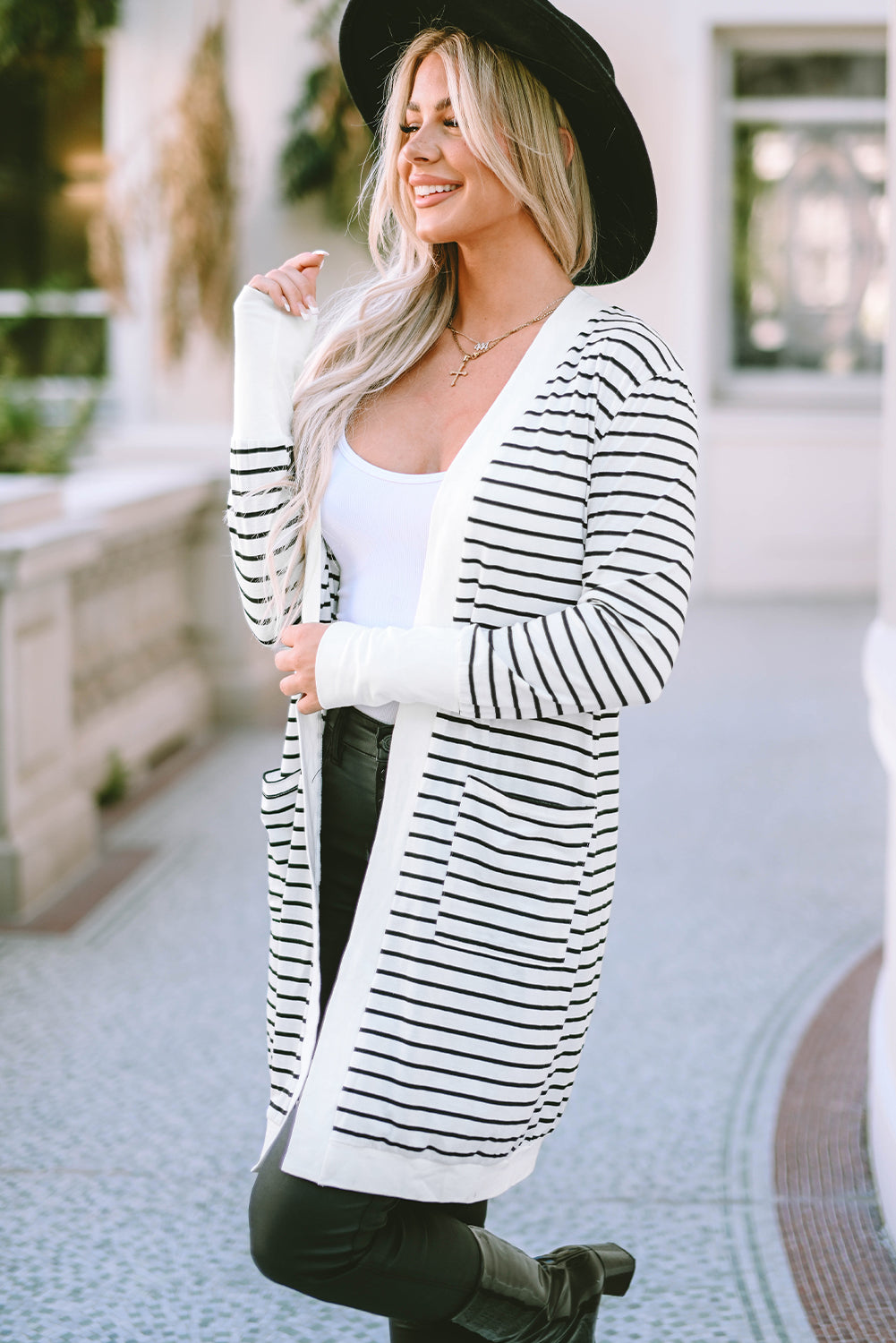 Striped Open Front Longline Cardigan BLUE ZONE PLANET