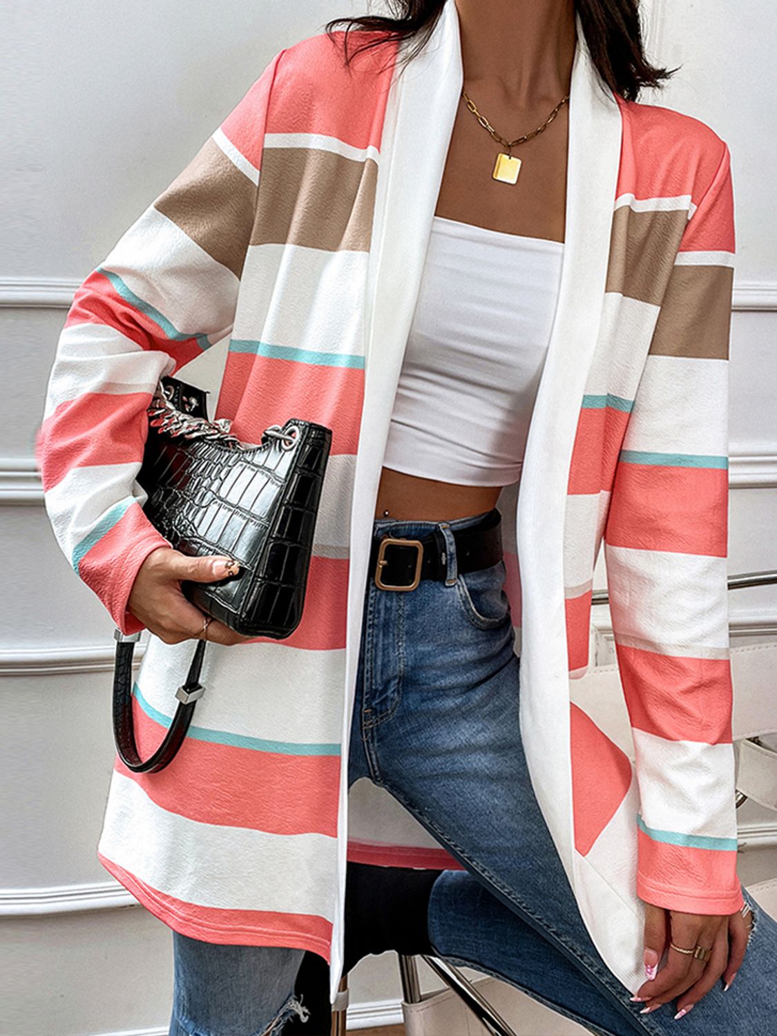 Striped Open Front Longline Cardigan BLUE ZONE PLANET