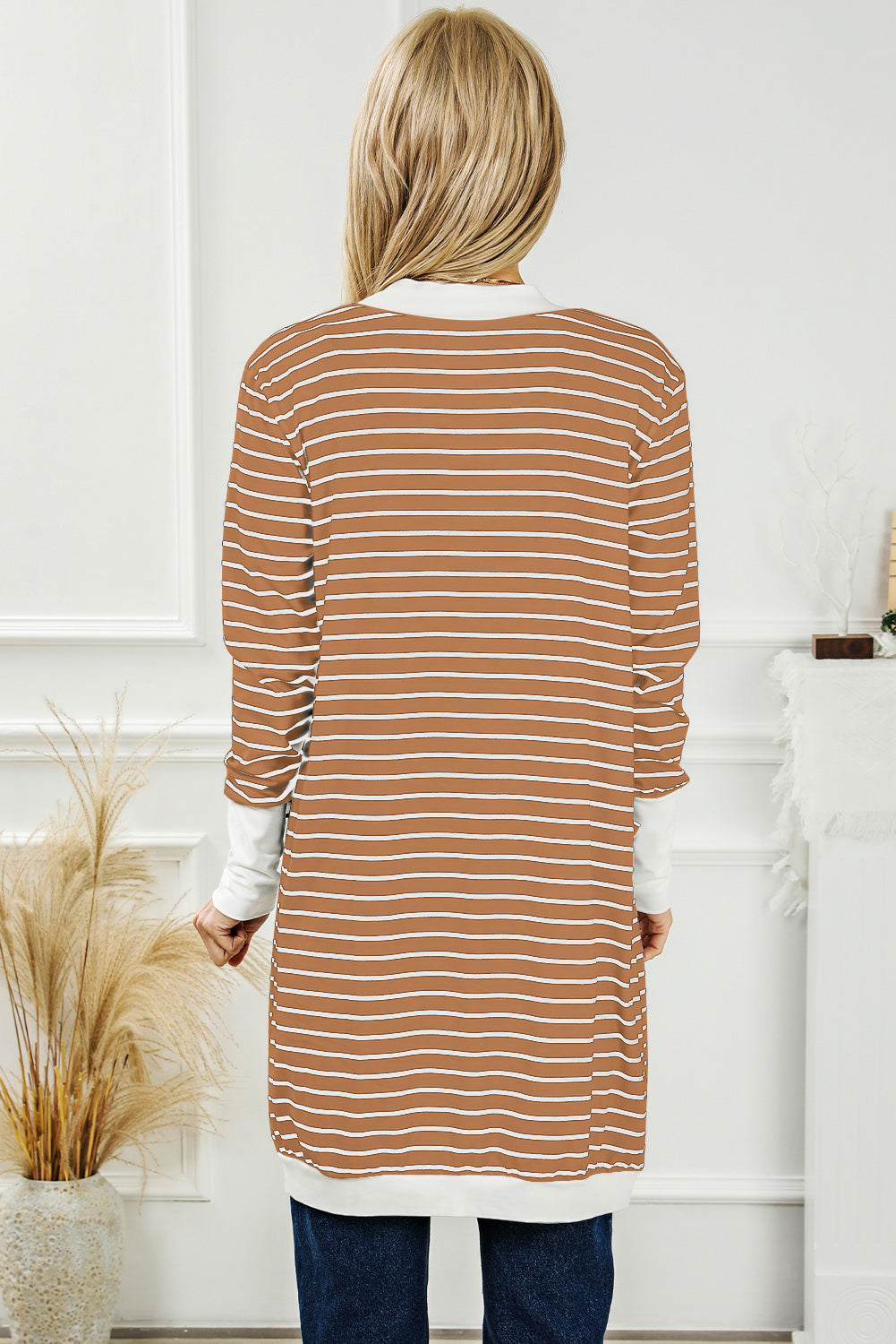 Striped Open Front Longline Cardigan BLUE ZONE PLANET