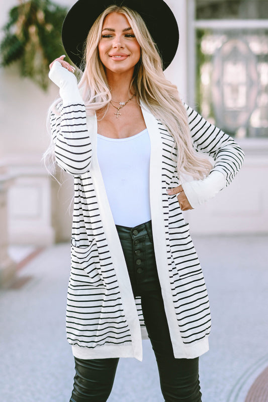 Striped Open Front Longline Cardigan BLUE ZONE PLANET
