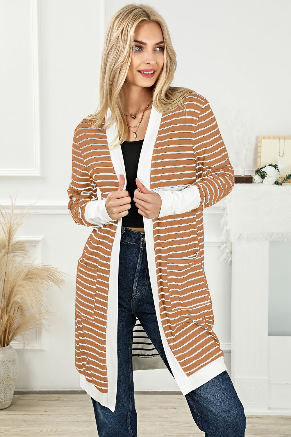 Striped Open Front Longline Cardigan BLUE ZONE PLANET