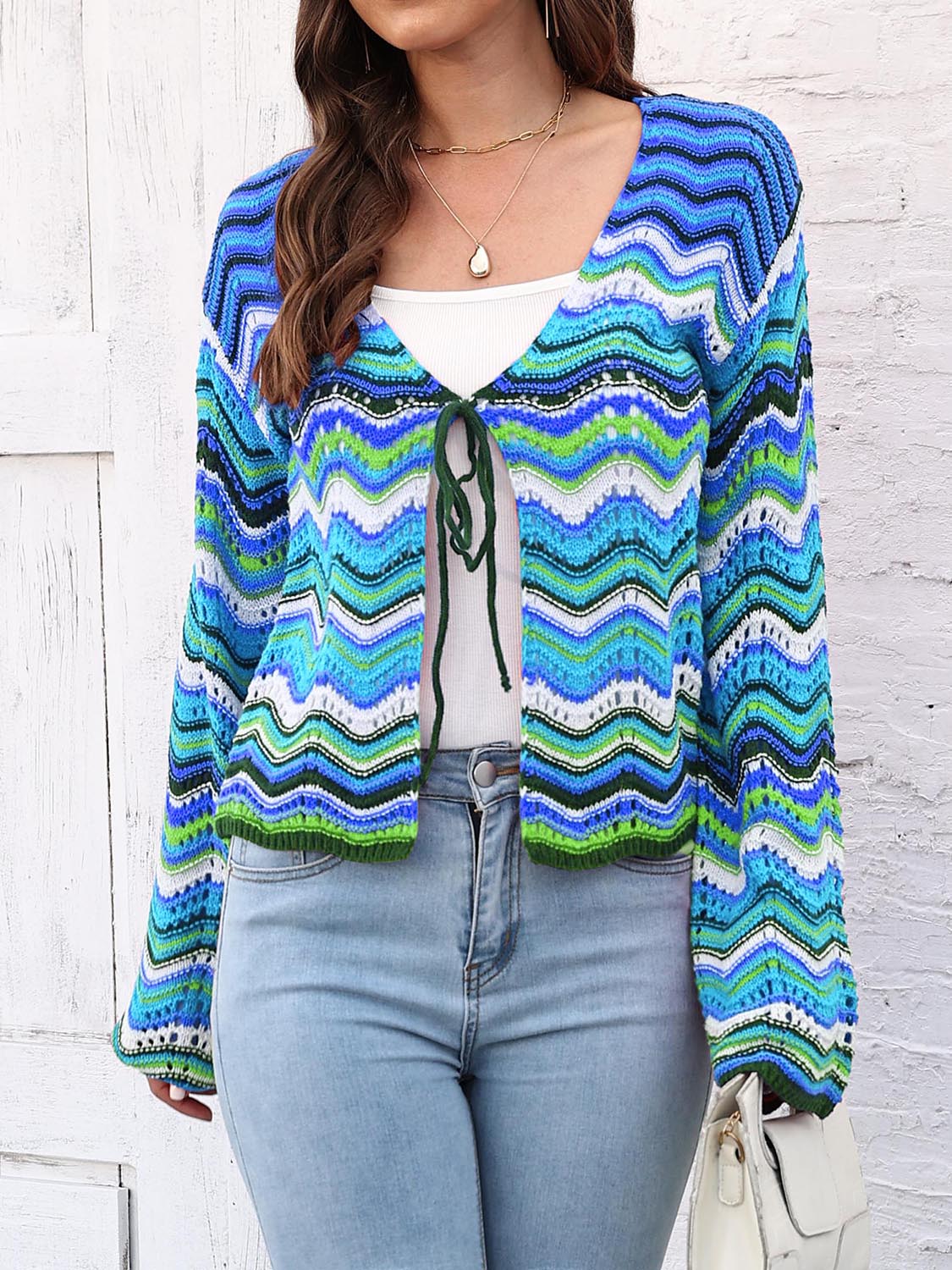 Striped Openwork Tied Cardigan BLUE ZONE PLANET