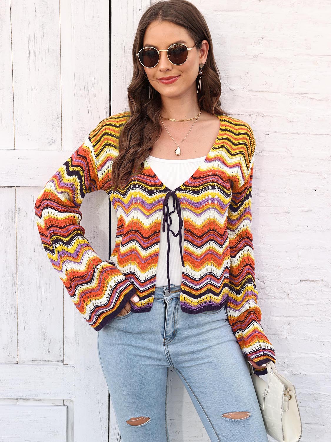 Striped Openwork Tied Cardigan BLUE ZONE PLANET