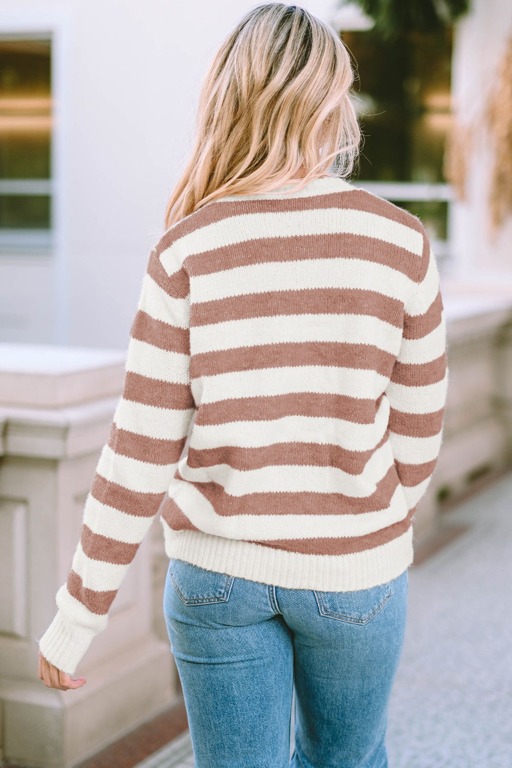 Striped Round Neck Long Sleeve Sweater BLUE ZONE PLANET