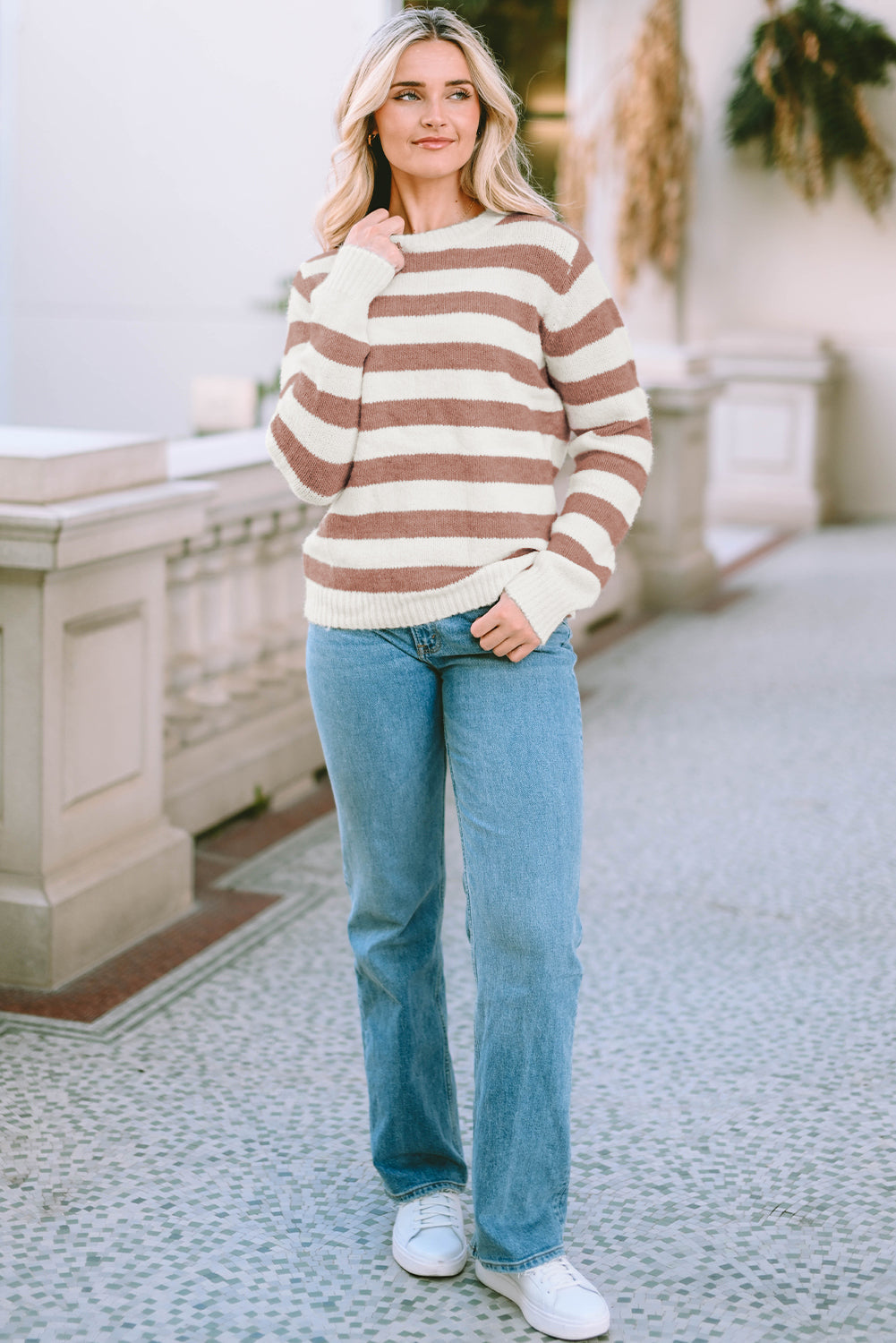 Striped Round Neck Long Sleeve Sweater BLUE ZONE PLANET