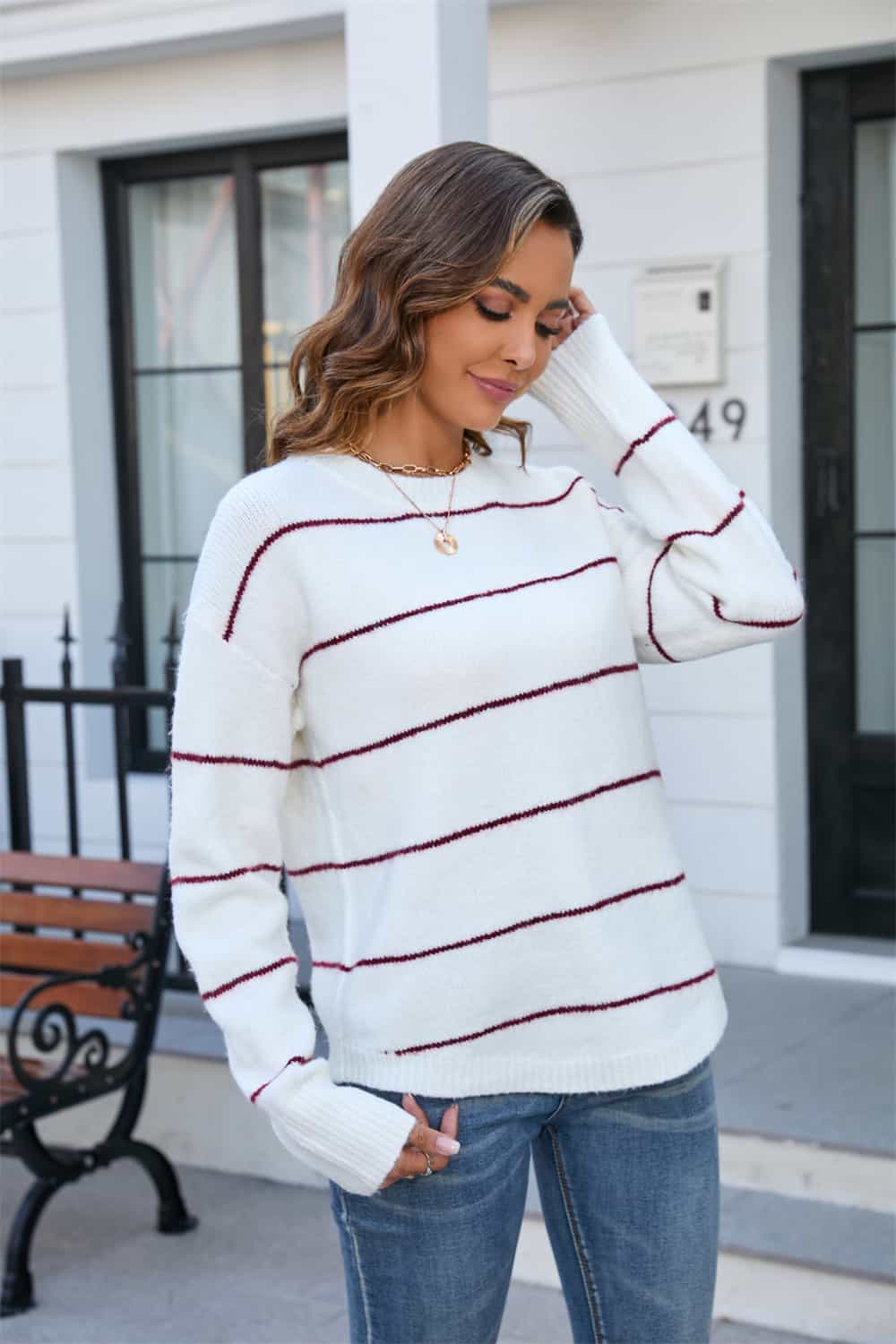 Striped Round Neck Long Sleeve Sweater BLUE ZONE PLANET