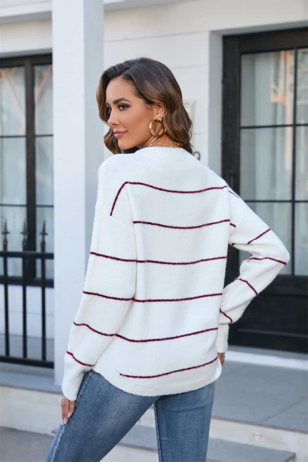 Striped Round Neck Long Sleeve Sweater BLUE ZONE PLANET