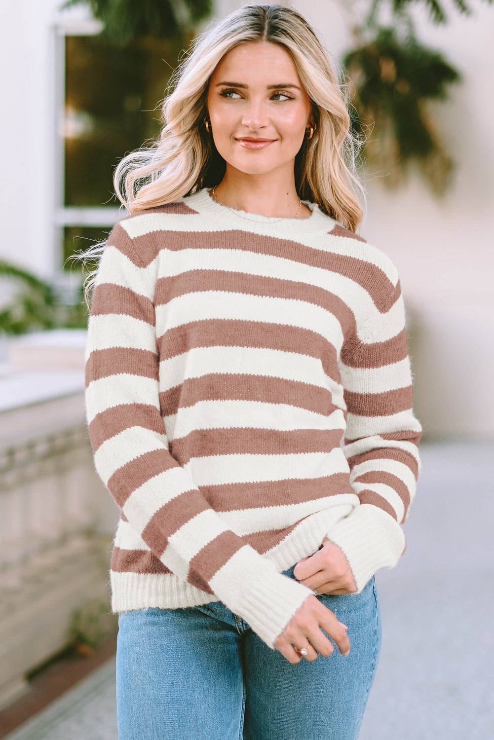 Striped Round Neck Long Sleeve Sweater BLUE ZONE PLANET