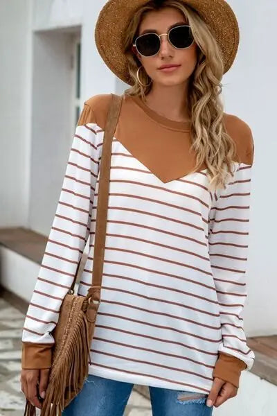 Striped Round Neck Long Sleeve T-Shirt BLUE ZONE PLANET