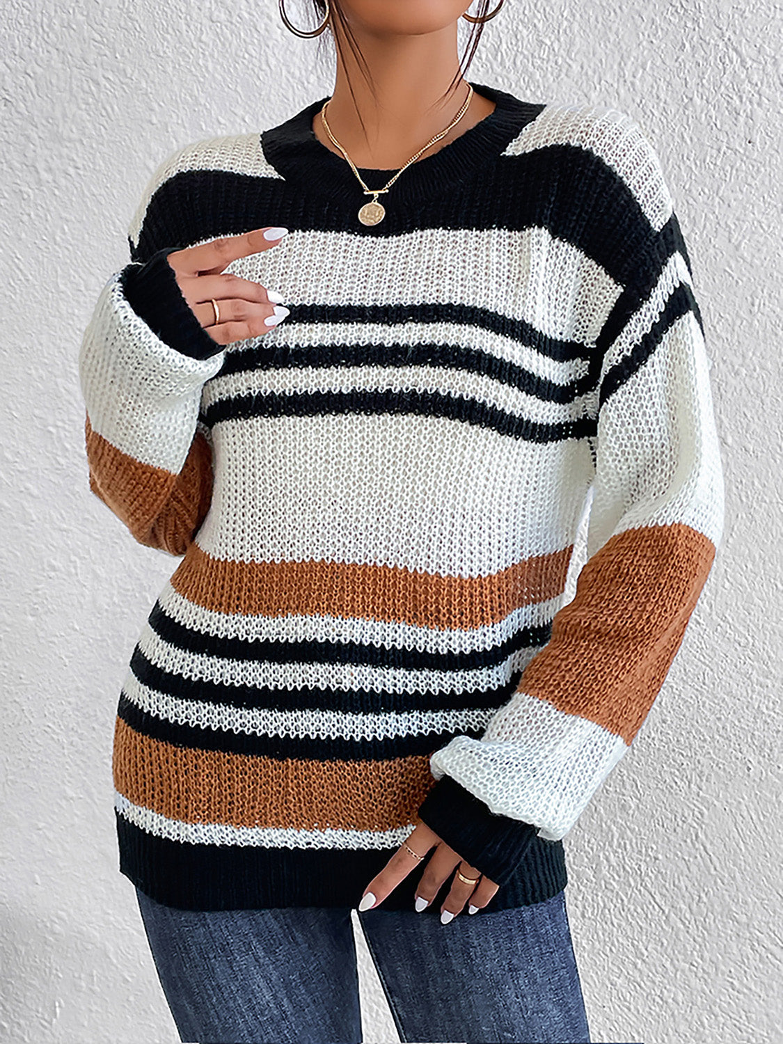 Striped Round Neck Sweater BLUE ZONE PLANET