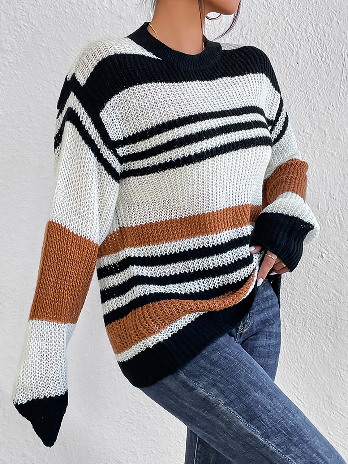 Striped Round Neck Sweater BLUE ZONE PLANET