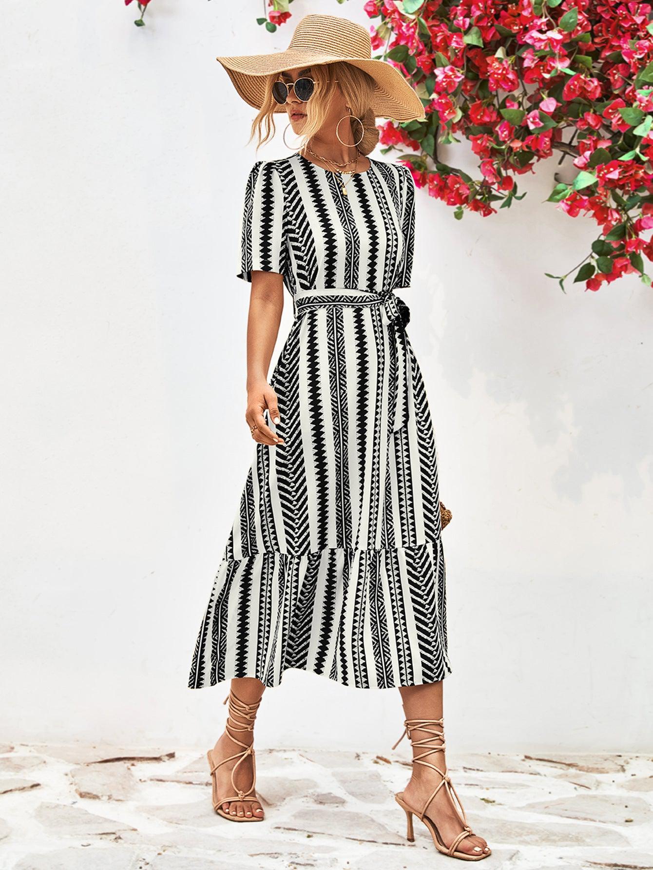 Striped Tie Belt Round Neck Puff Sleeve Dress BLUE ZONE PLANET