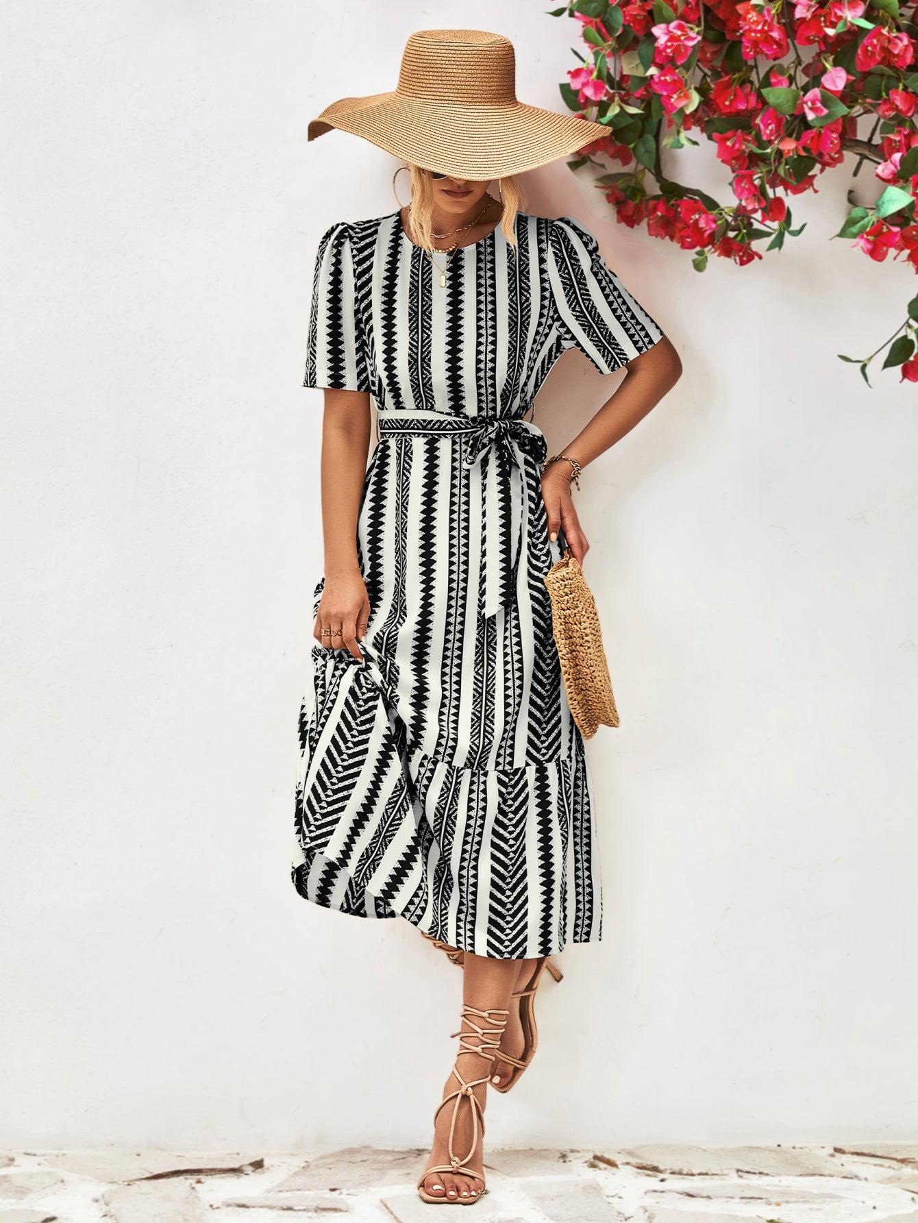 Striped Tie Belt Round Neck Puff Sleeve Dress BLUE ZONE PLANET