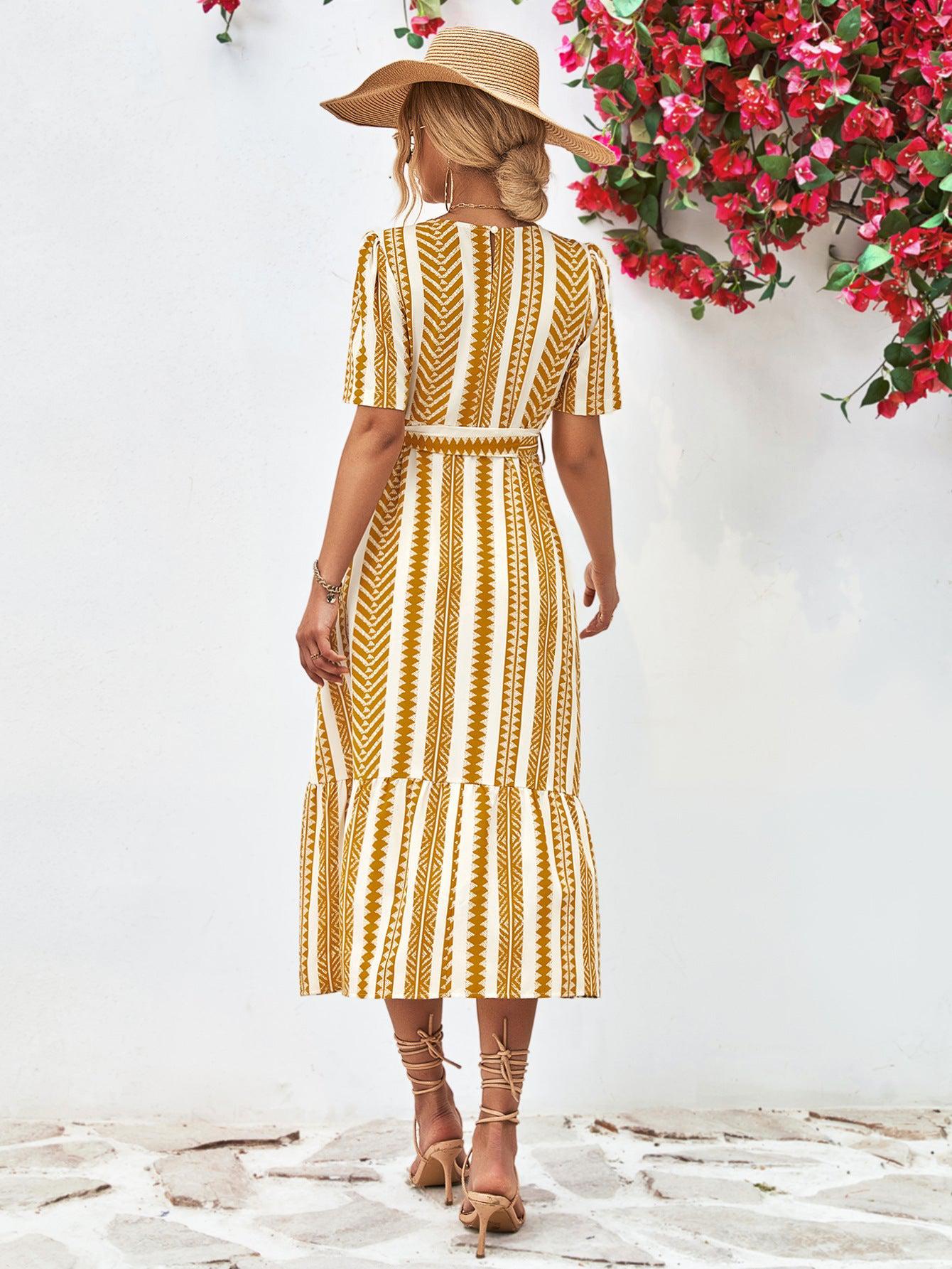 Striped Tie Belt Round Neck Puff Sleeve Dress BLUE ZONE PLANET