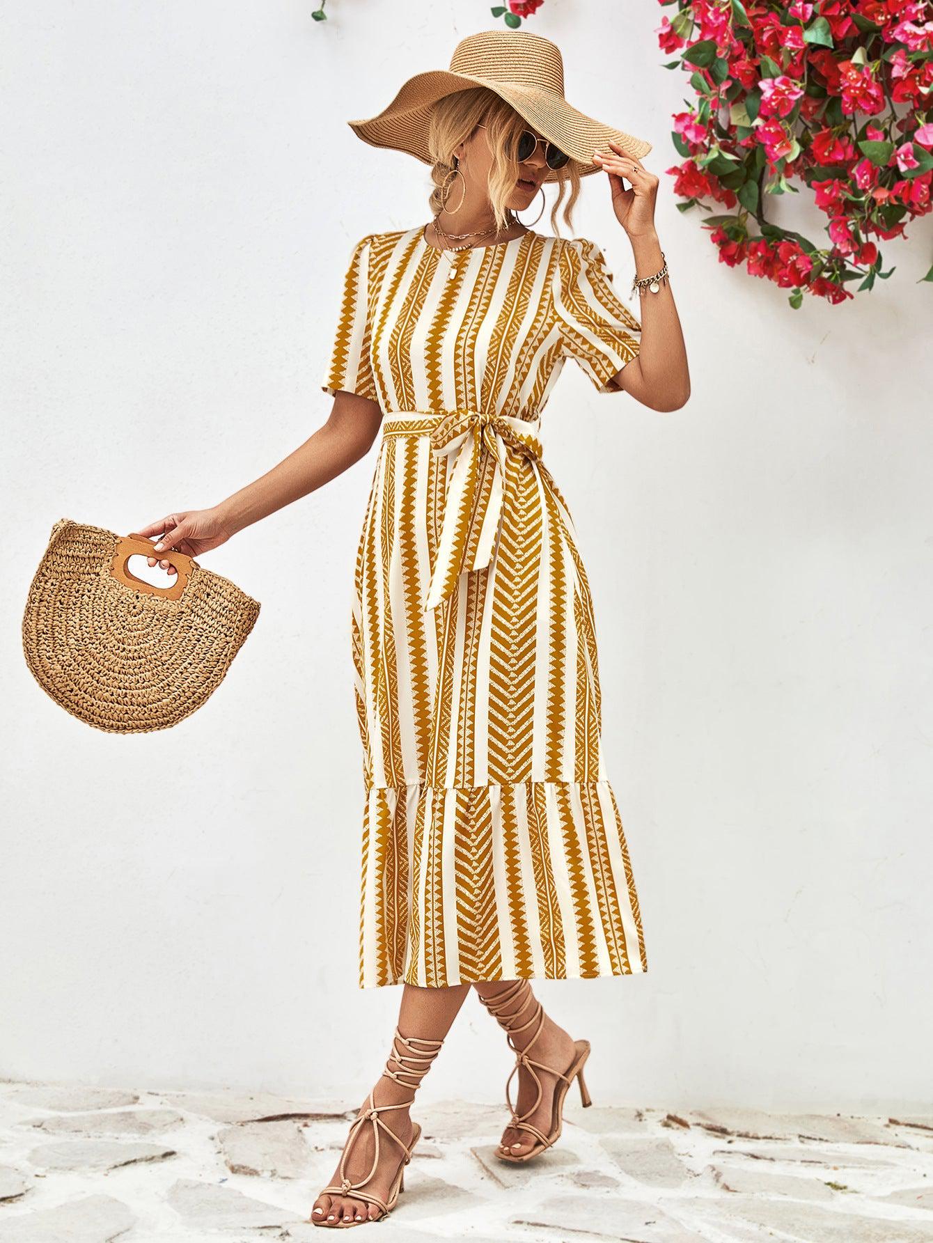 Striped Tie Belt Round Neck Puff Sleeve Dress BLUE ZONE PLANET