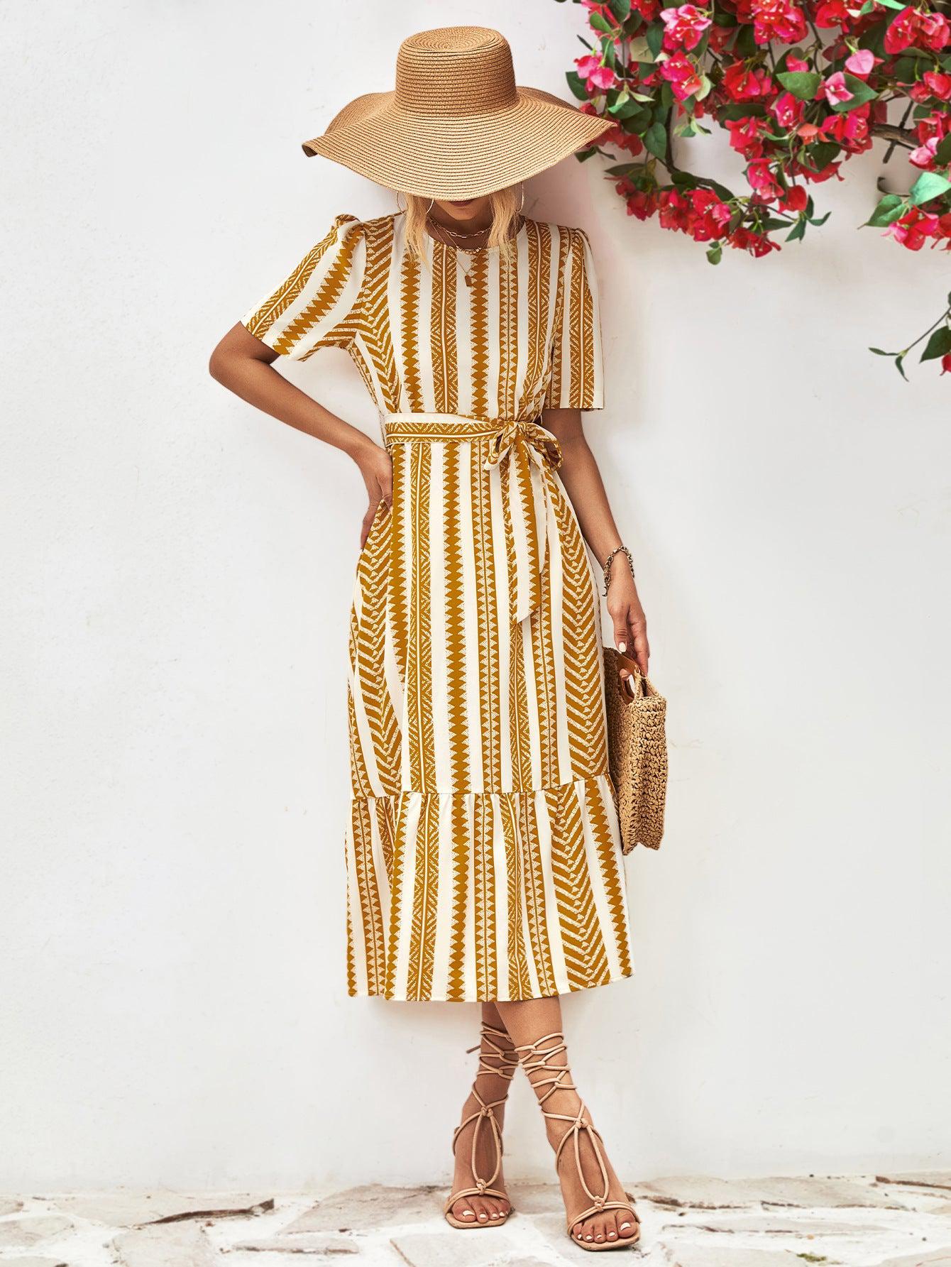 Striped Tie Belt Round Neck Puff Sleeve Dress BLUE ZONE PLANET