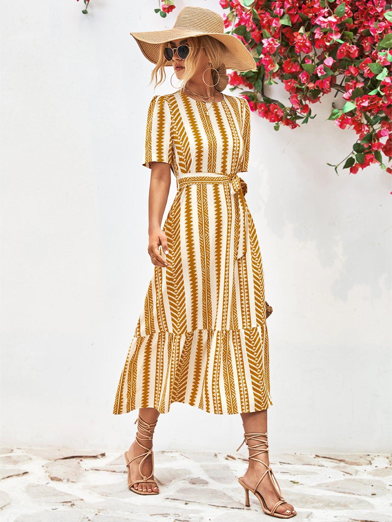 Striped Tie Belt Round Neck Puff Sleeve Dress BLUE ZONE PLANET