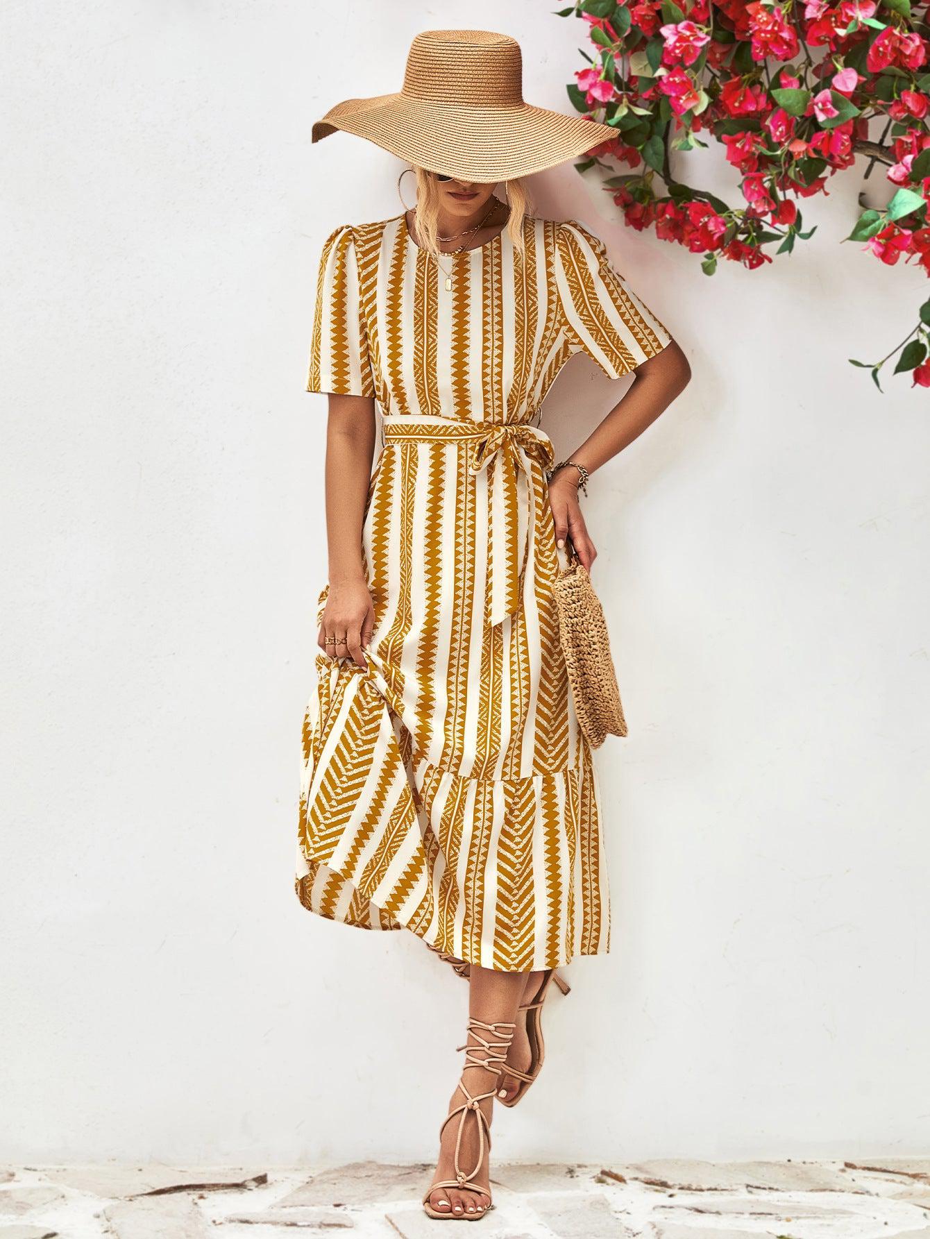 Striped Tie Belt Round Neck Puff Sleeve Dress BLUE ZONE PLANET