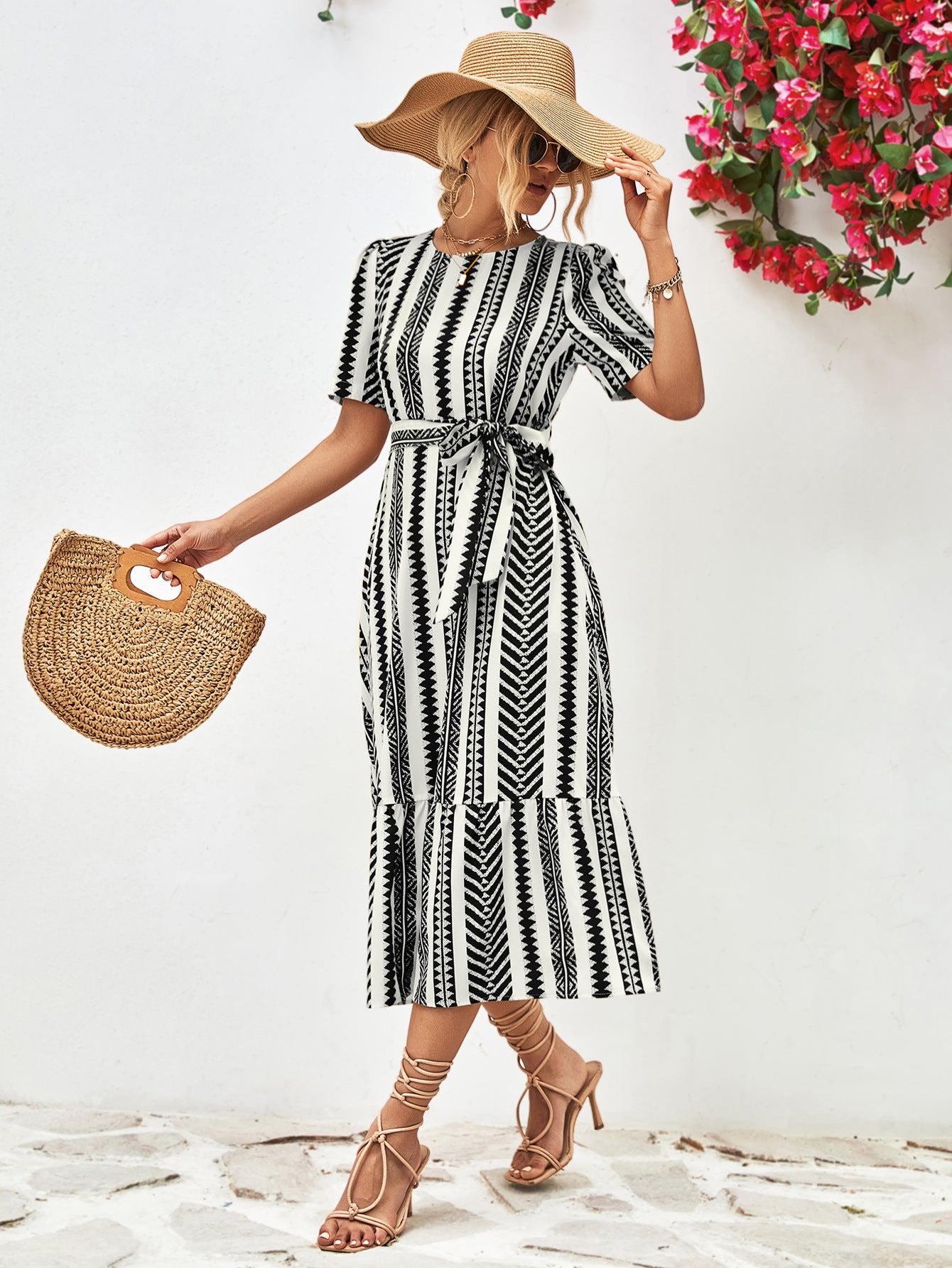 Striped Tie Belt Round Neck Puff Sleeve Dress BLUE ZONE PLANET