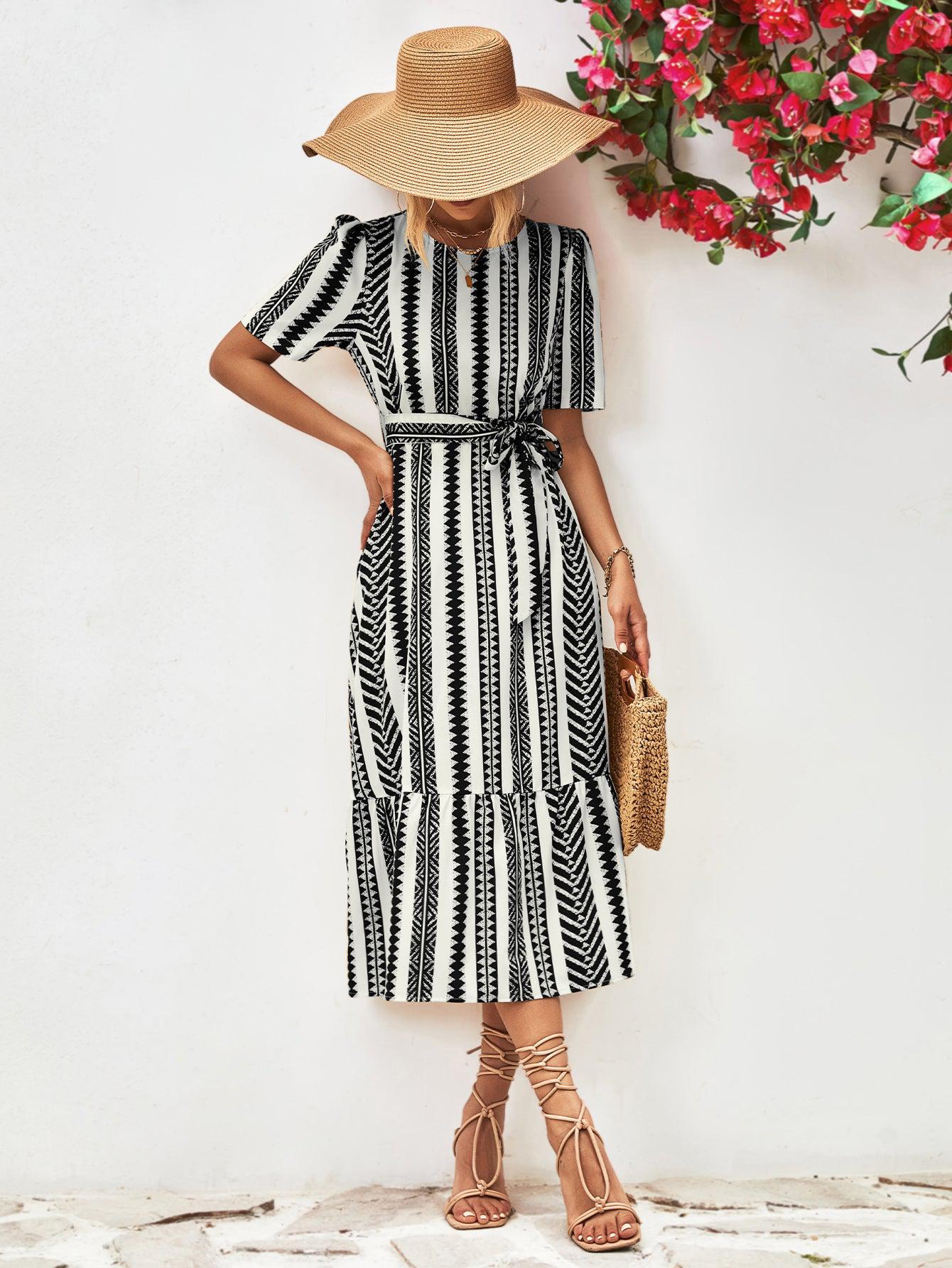 Striped Tie Belt Round Neck Puff Sleeve Dress BLUE ZONE PLANET