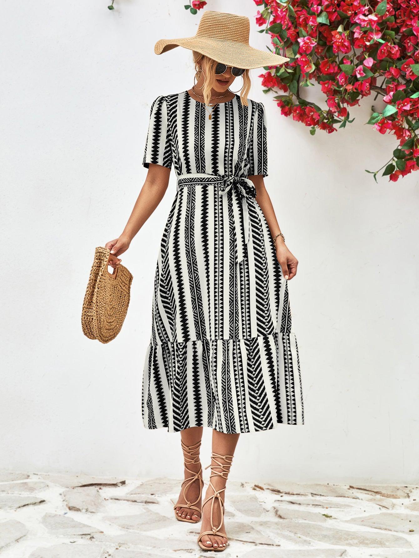 Striped Tie Belt Round Neck Puff Sleeve Dress BLUE ZONE PLANET