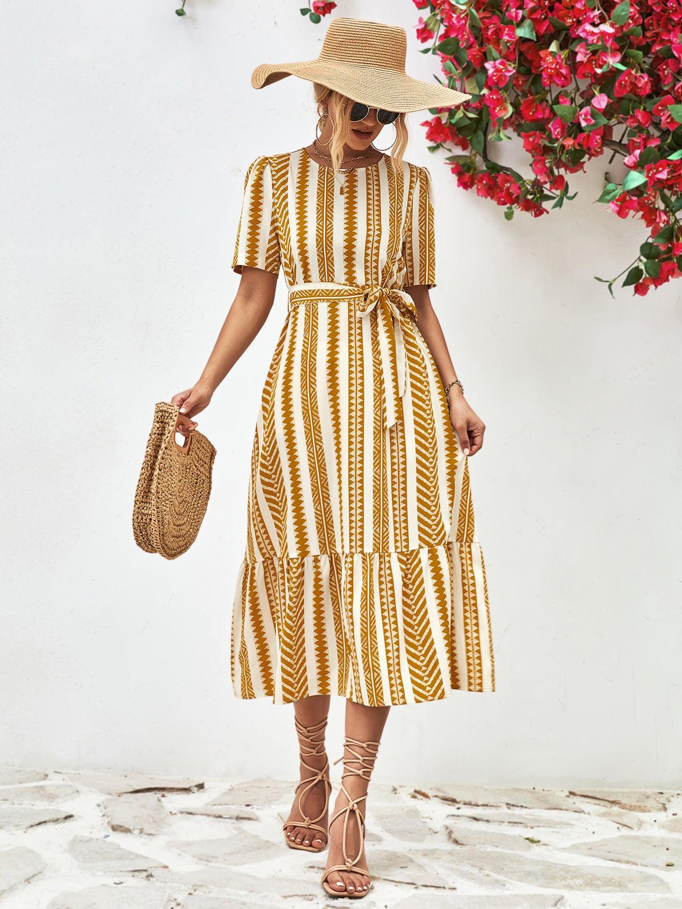 Striped Tie Belt Round Neck Puff Sleeve Dress BLUE ZONE PLANET