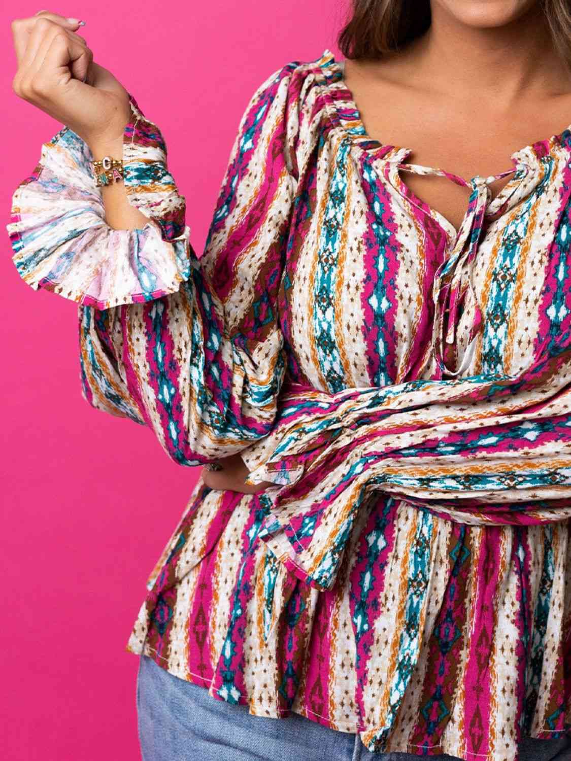 Striped Tie Neck Flounce Sleeve Babydoll Top BLUE ZONE PLANET